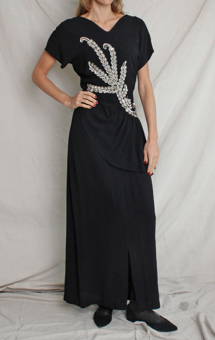 1940s veg sequin appliqué black rayon crepe peplum gown dress dries van noten