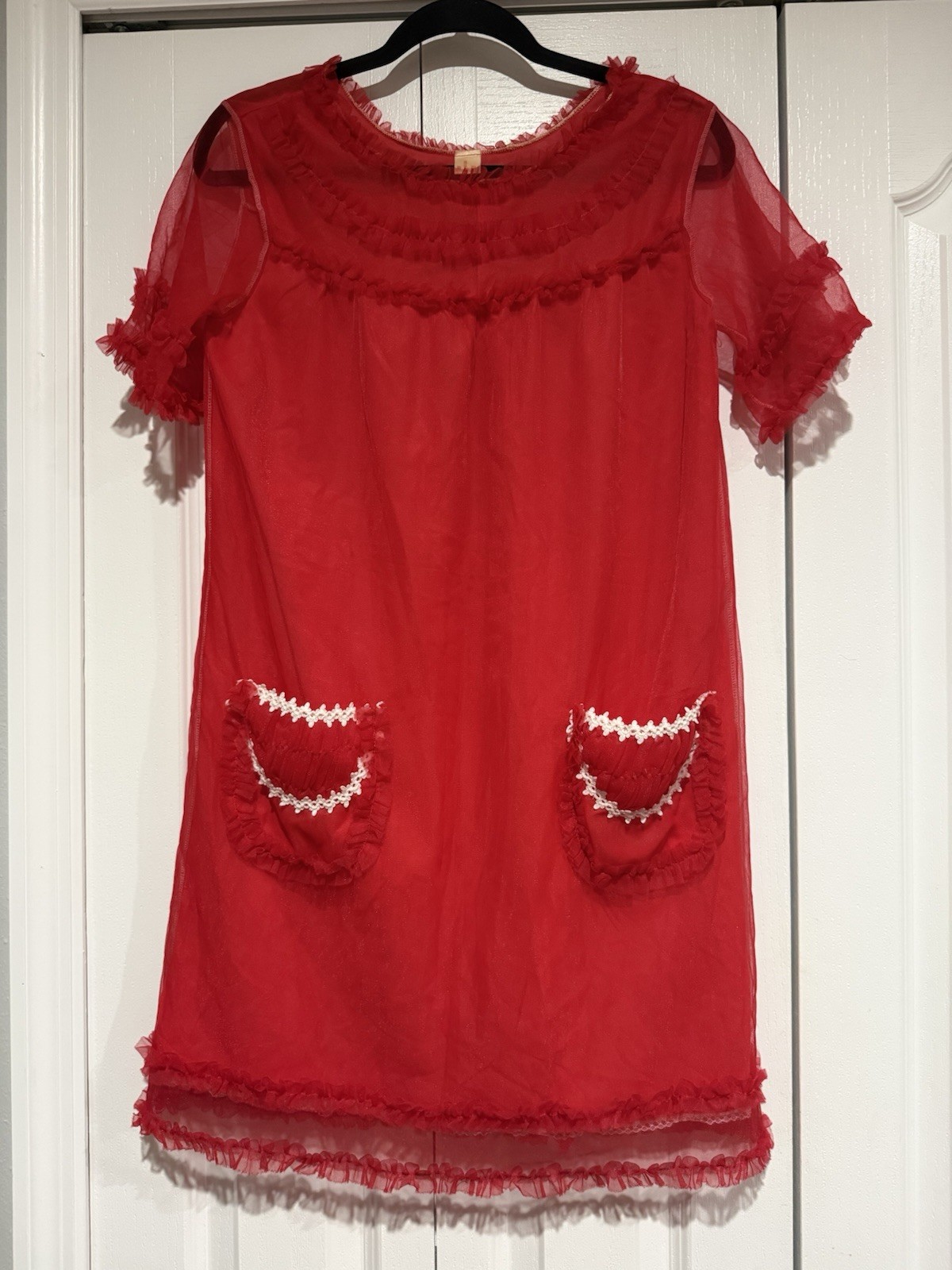 vtg red baby doll sheer lined ruffle chiffon 2 pocket party dress one of a kind