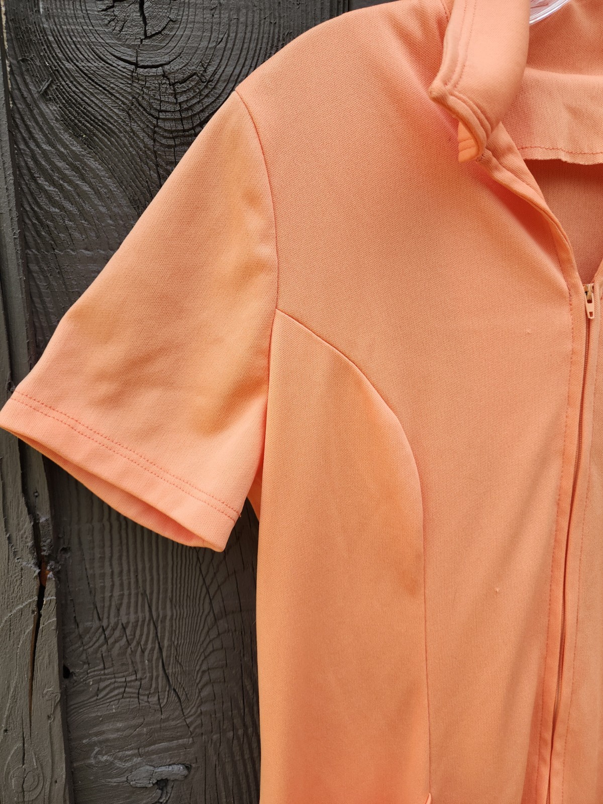 70s Handmade Solid Peach Color Double Knit Polyester Dress – Womens L-XL Vtg