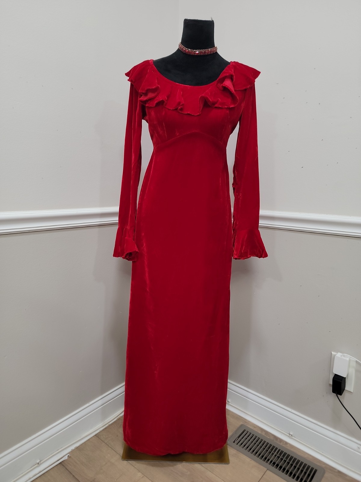 Vintage 60s Red Velvet Maxi Dress Empire Waist Ruffle Holiday Formal Gown S/