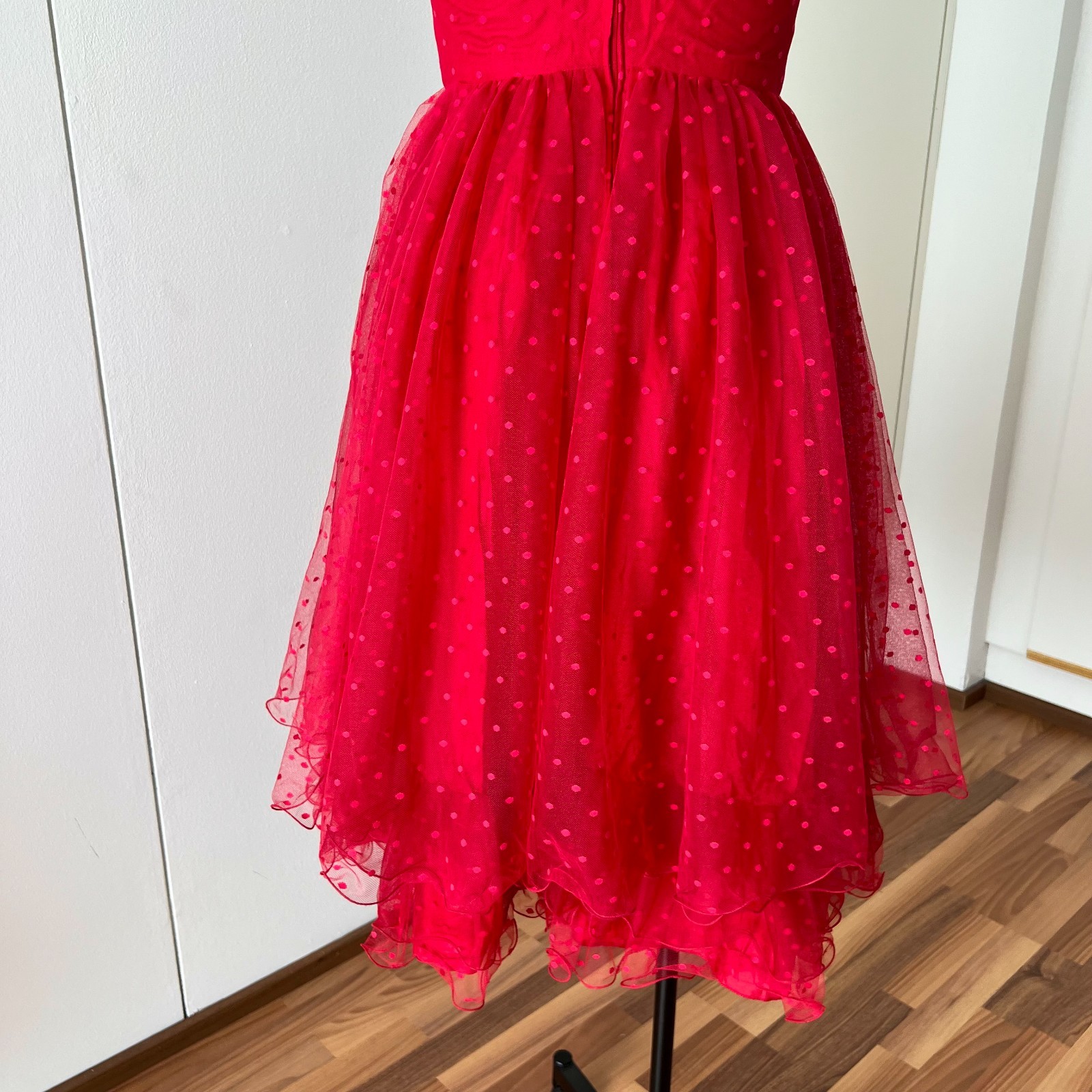 1980s VERA Mont Red Strapless Party Dress Polka Dot Tiered Midi Cocktail Prom