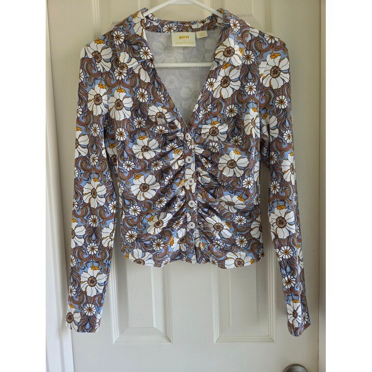 Maeve Anthropologie Retro 70s Floral Ruched Button Down Top Blouse Brown Blue S