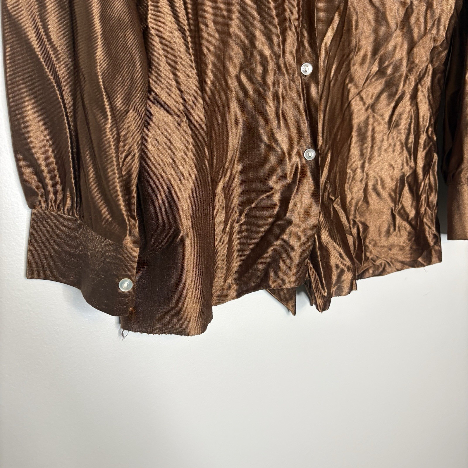 Vintage 70s 80s Copper Enkalure Blouse Womens M Neck Tie Button Retro Silky