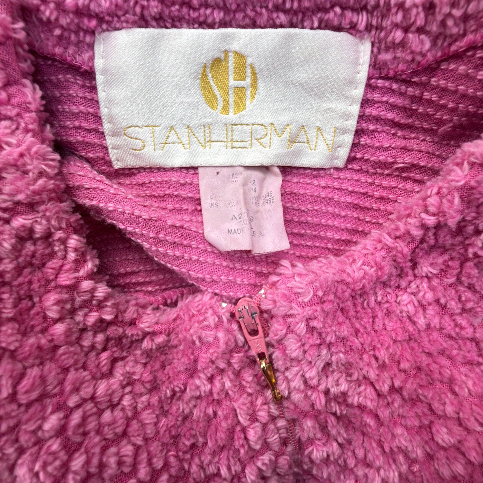 Stan Herman Robe Womens PL Zip Front Long Sleeve Pink Solid Relaxed Vintage 90s