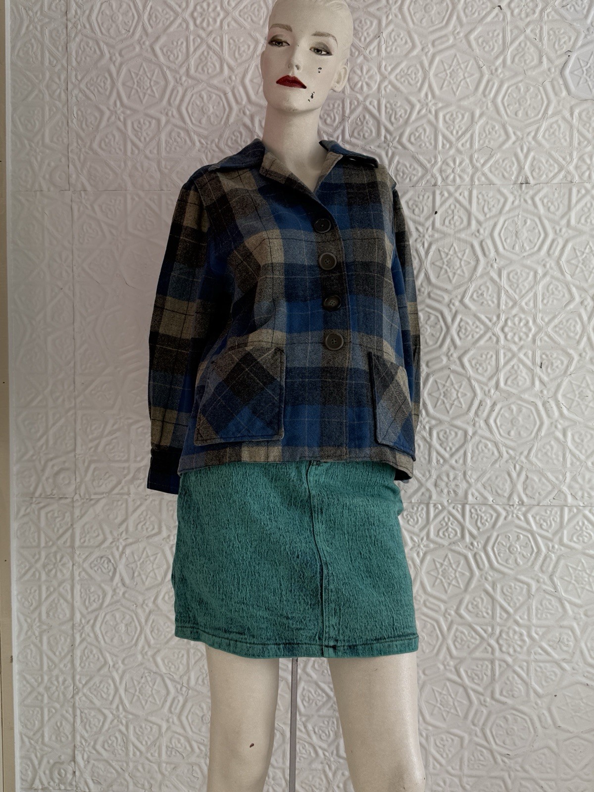 True Vintage 1950s/1940s era pendleton style 49er jacket blue grey plaid S/M