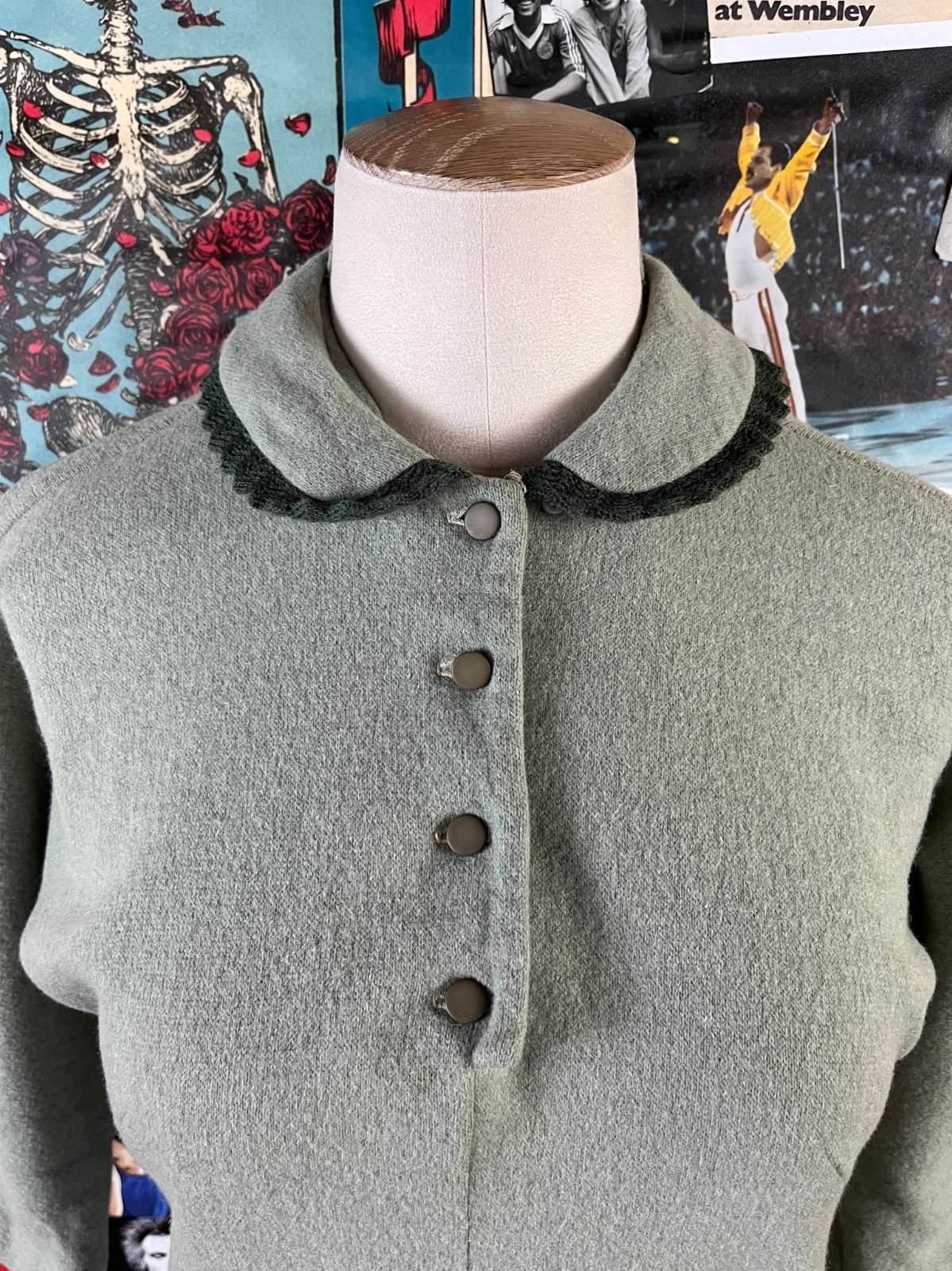 Vtg Womens 1940s Green Peter Pan Collar 3/4 Sleeve Wool Blouse Top Loop Collar