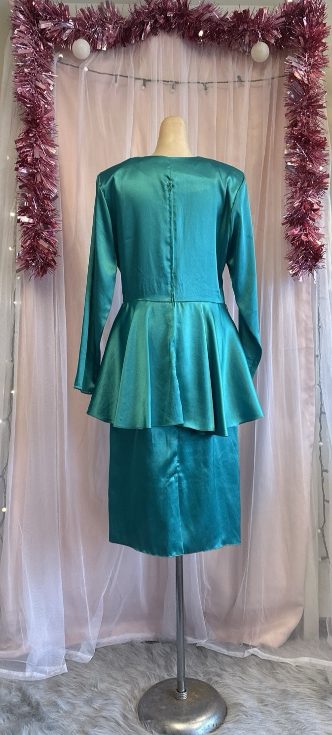 Vintage 80s Green Liquid Satin Peplum Dress New Wave V Neck Cocktail L