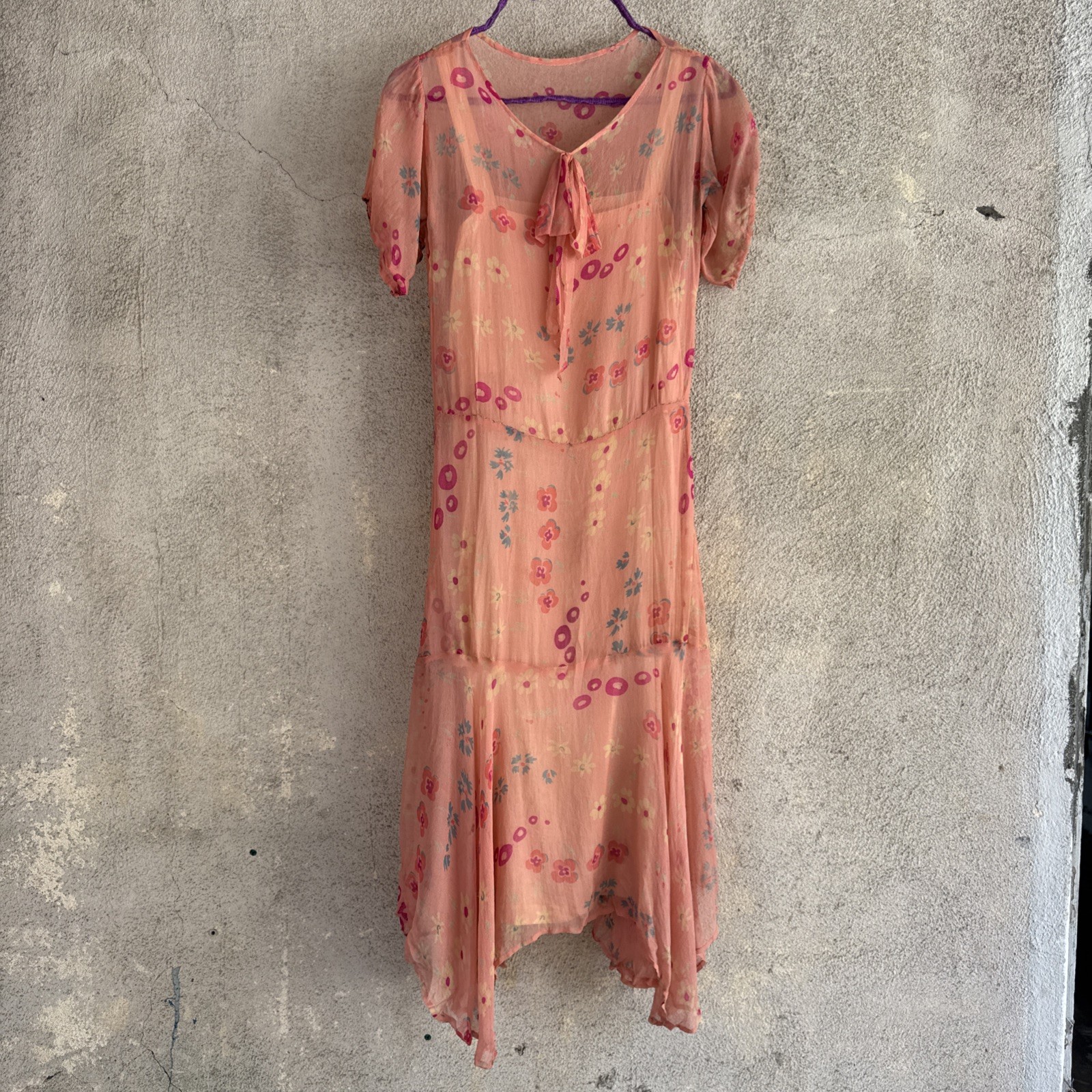 Antique 1920s Pink Silk Chiffon Dress Sweet Floral Print Asymmetrical Vintage