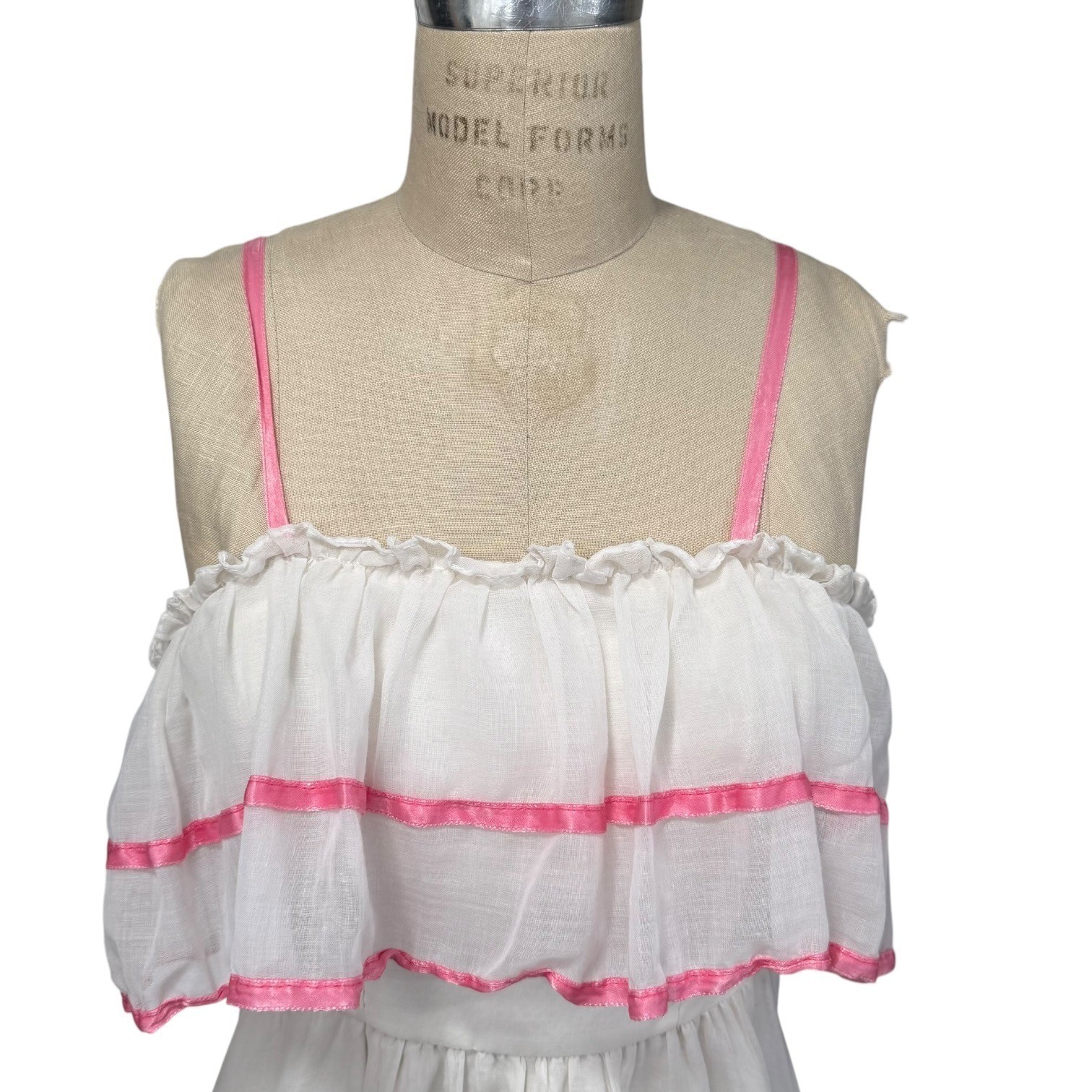 Vintage Flirtations Alfred Angelo White Pink Ribbon Ruffle Dress Womens Size XXS