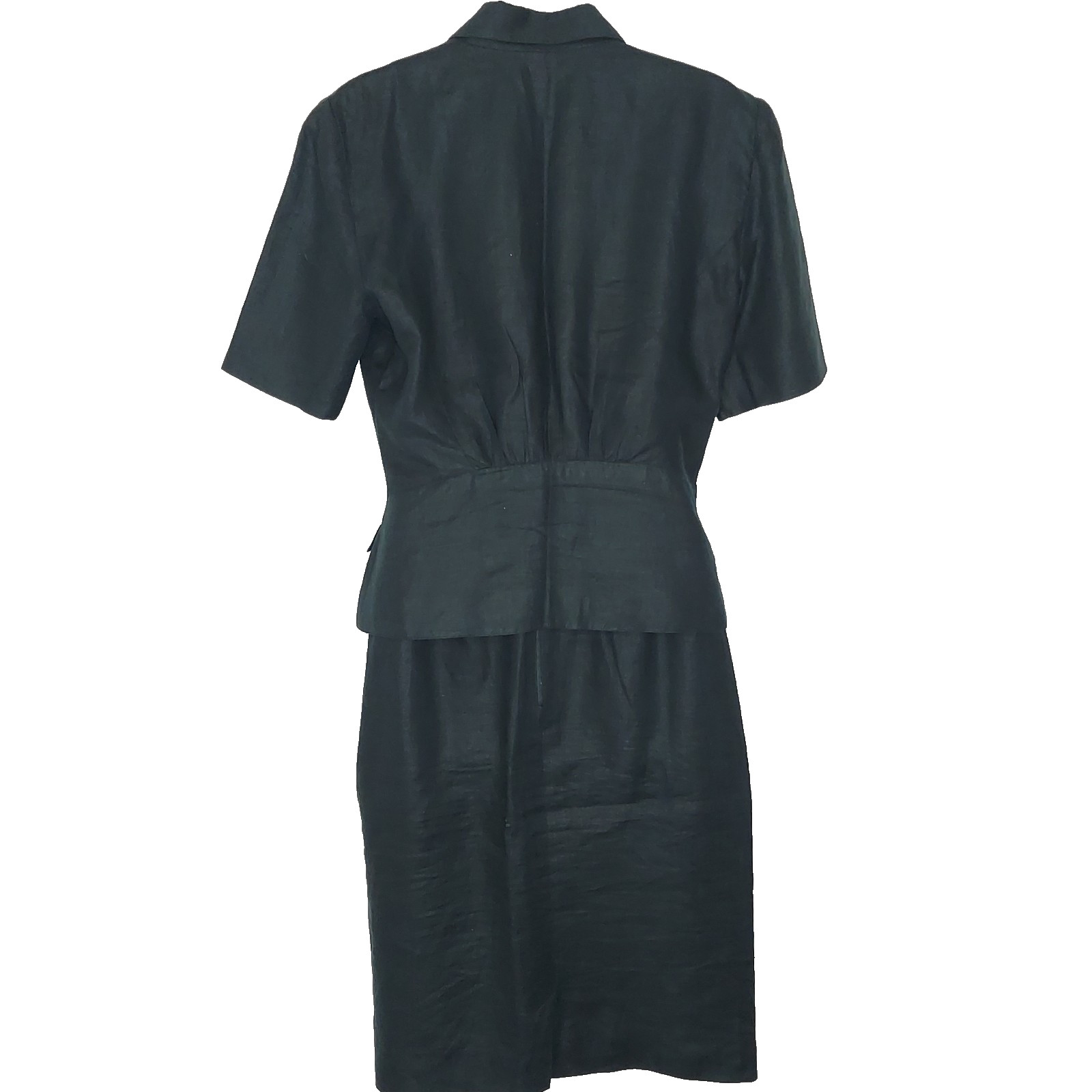 Linen Suit Double Breasted Jacket Blazer Pencil Skirt Off Black Green Vintage