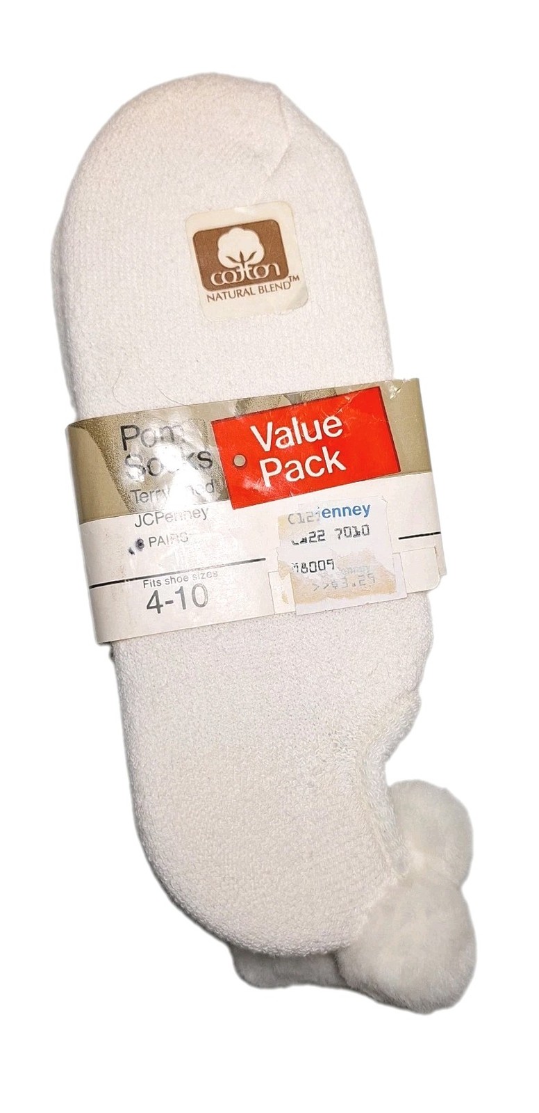 Vtg JcPenney Pom Ankle Socks x2 Pair Women&rsquo;s Shoe Sz 4-10 Sports (Off White)