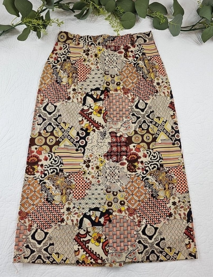 VTG 70&rsquo;s Women&rsquo;s Brown and Orange Pencil Skirt Size 13&Prime; Flat Midi