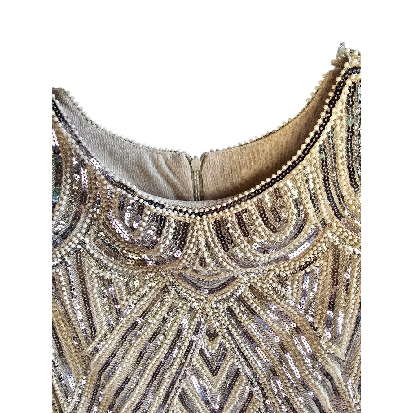 1920s Sequin Beaded Fringe Gatsby Flapper Cocktail Dress in Champagne Size Large