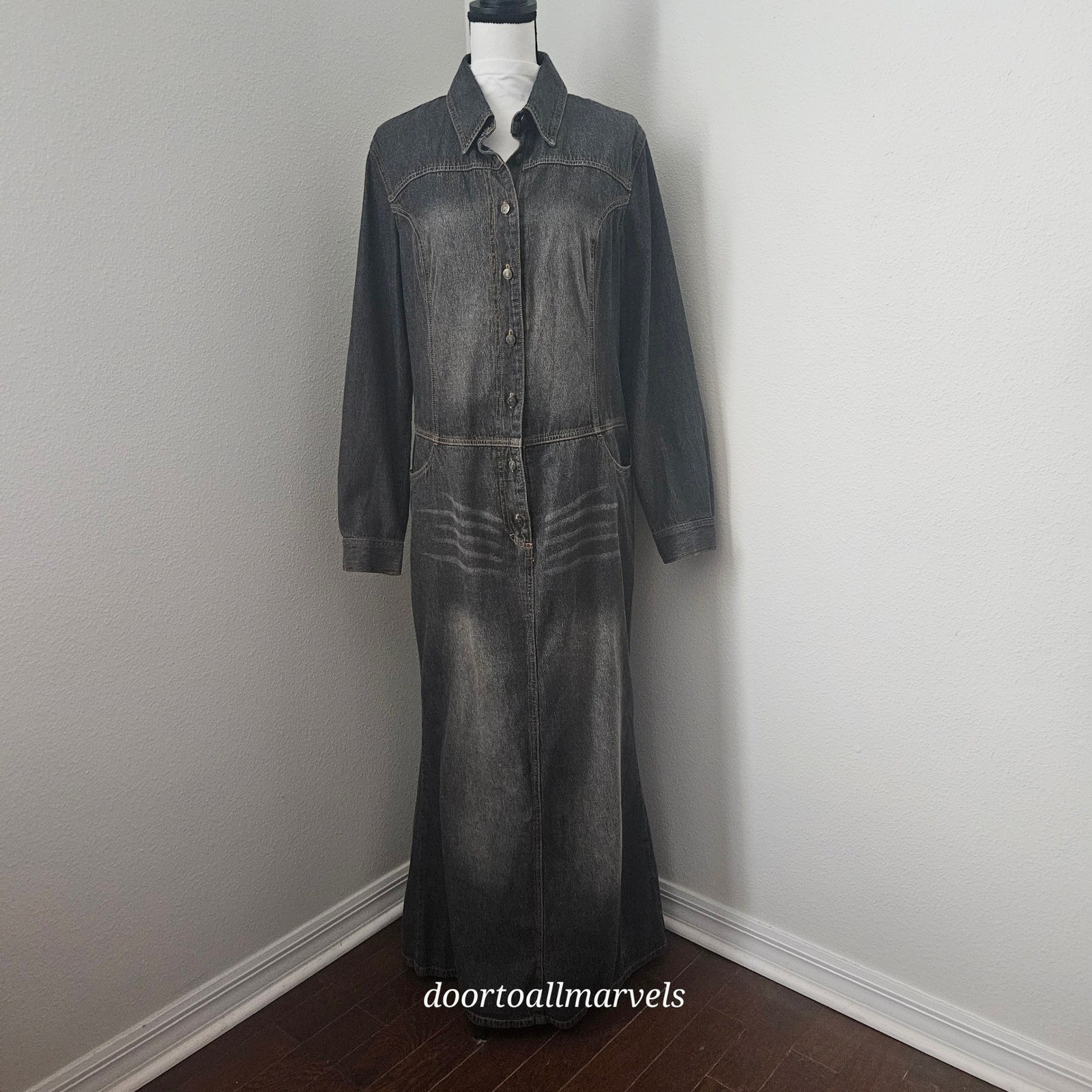 VTG Newport News Maxi Denim Shirt Dress Dark Wash Grunge Goth Rock sz 14