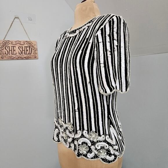Stenay Vintage 100% Silk Beaded Sequin Top Black White Stripe Floral Scalloped L