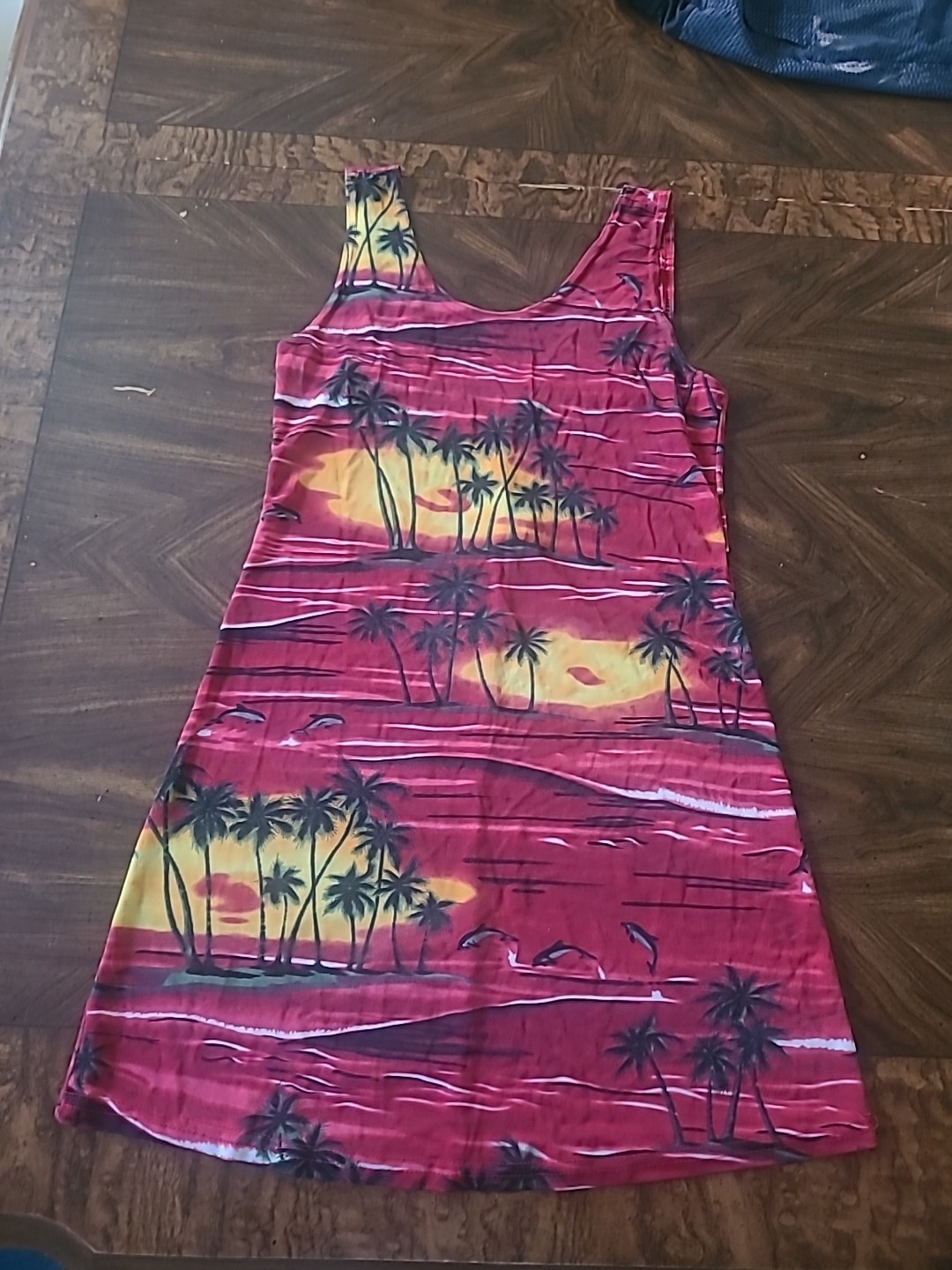 Vintage Red Hawaiian Sundress Tropical Sunset Palm Tree Print Sleeveless Size L