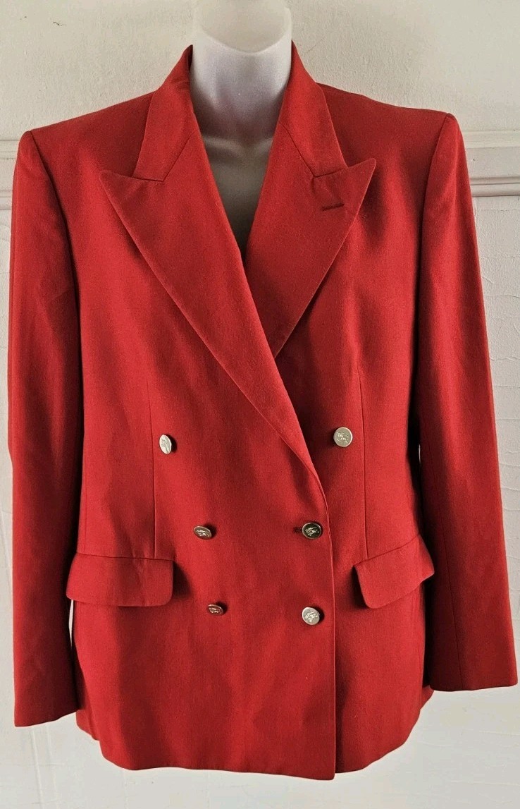Vintage Burberrys&rsquo; Patrick James Cherry Red Double Breasted Wool Blazer Sz Lrg