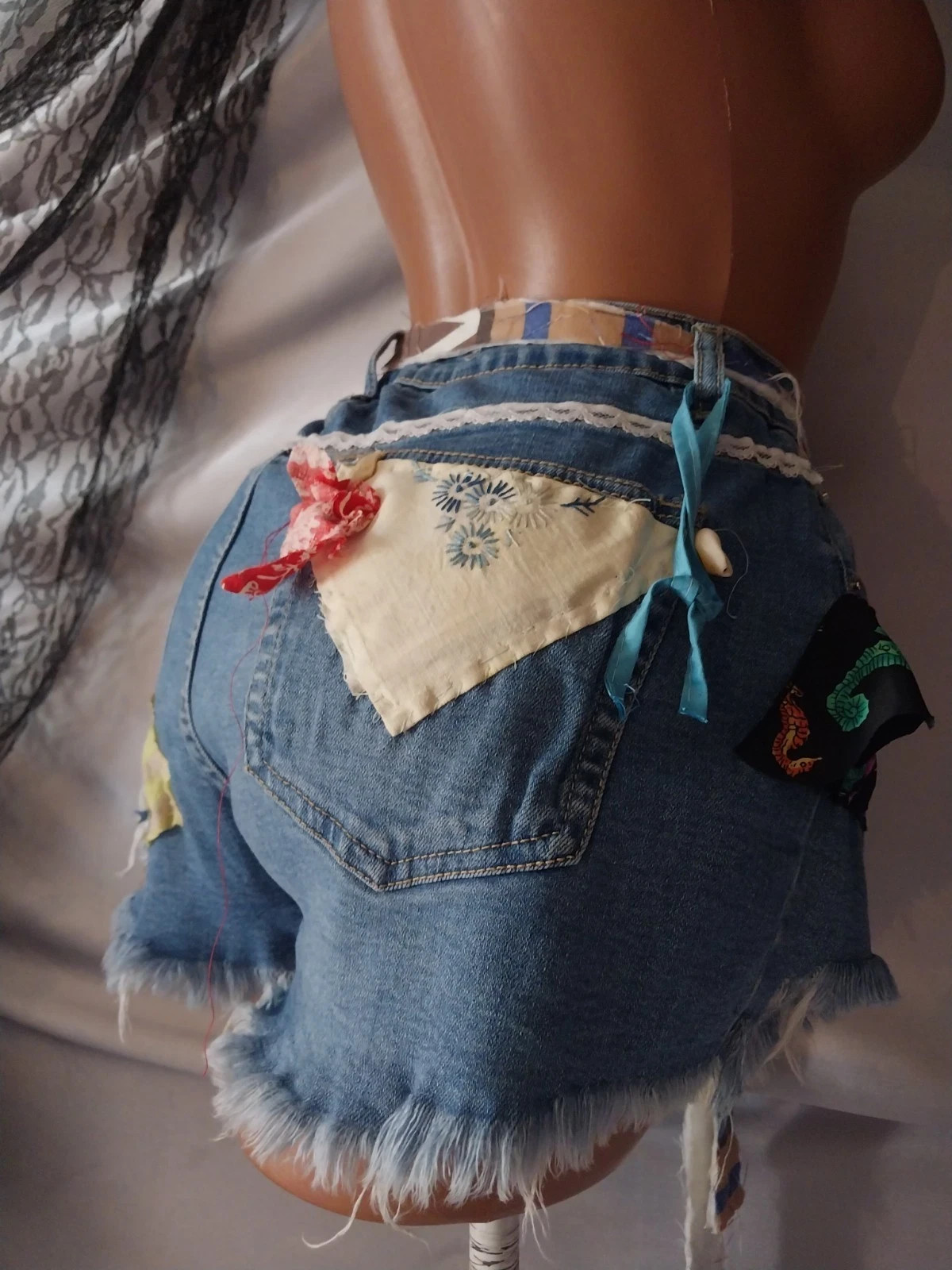 Vtg FRINGE CROCHET REWORKED ART TO WEAR DENIM SHORTS PATCHWORK BOHO HIPPY S