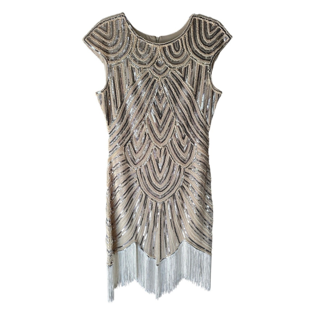 1920s Sequin Beaded Fringe Gatsby Flapper Cocktail Dress in Champagne Size Large