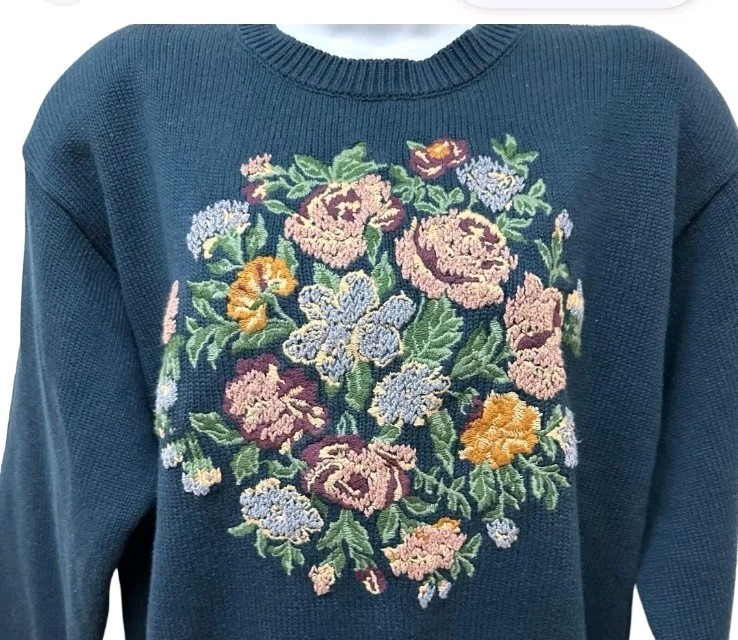 Vintage 90s Liz Sport Cotton Sweater Knitted Y2K Cottagecore Embroidered Boho L