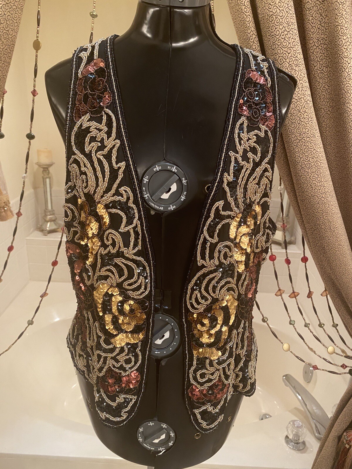 VINTAGE 80&rsquo;s Silk Beaded Sequin Vest BLACK TIE BY HE-RO Black Gold Copper L