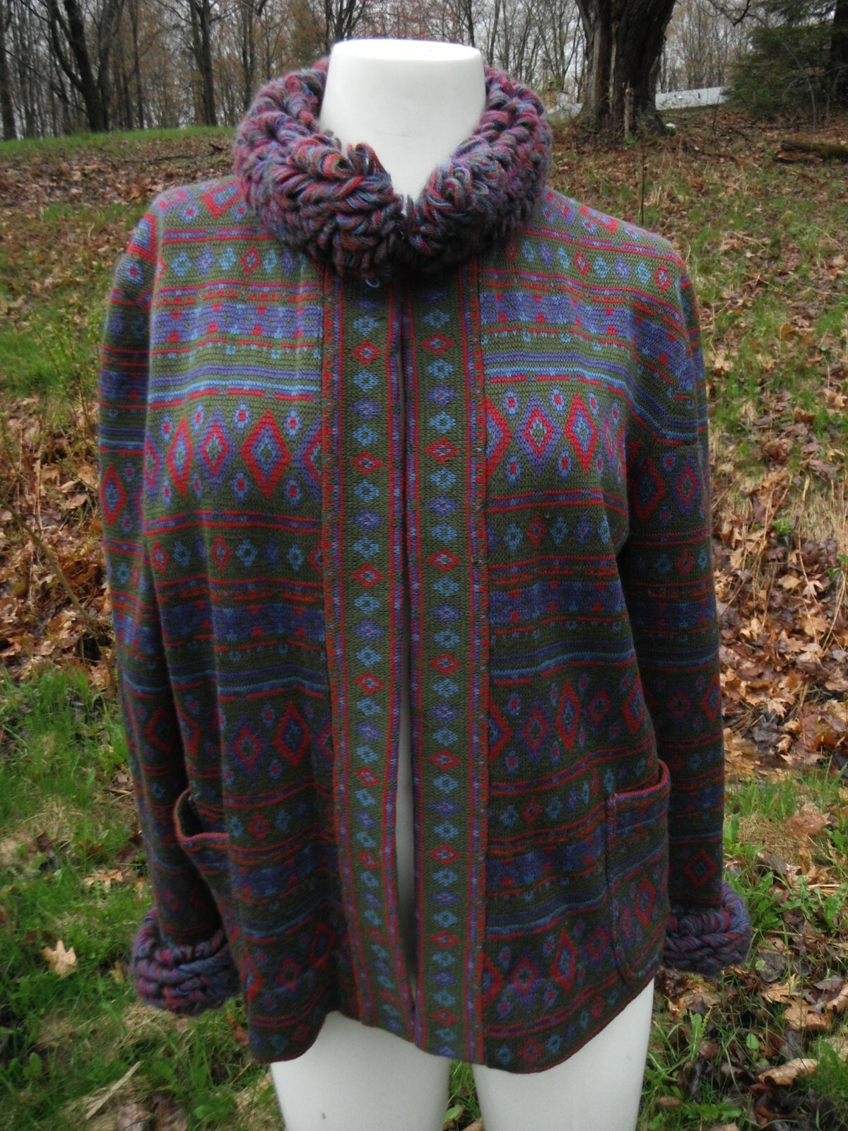 CELINE PARIS wool ITALY cardigan sweater RUFFLES SOUTHWESTERN geometric print M