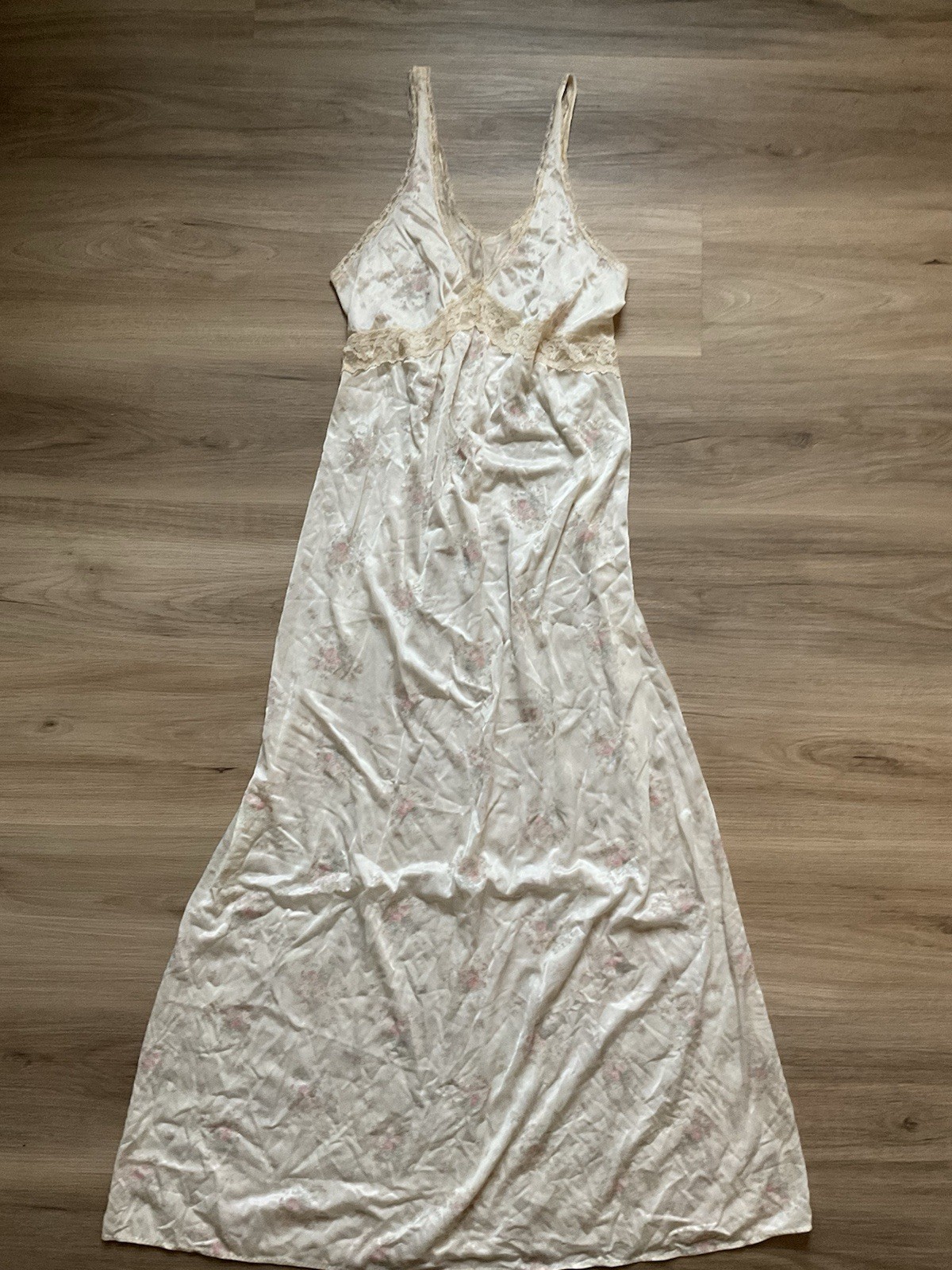 VTG Texsheen Long Sleeveless M Nightgown Floral Lace Sheer Nylon Granny Lingerie