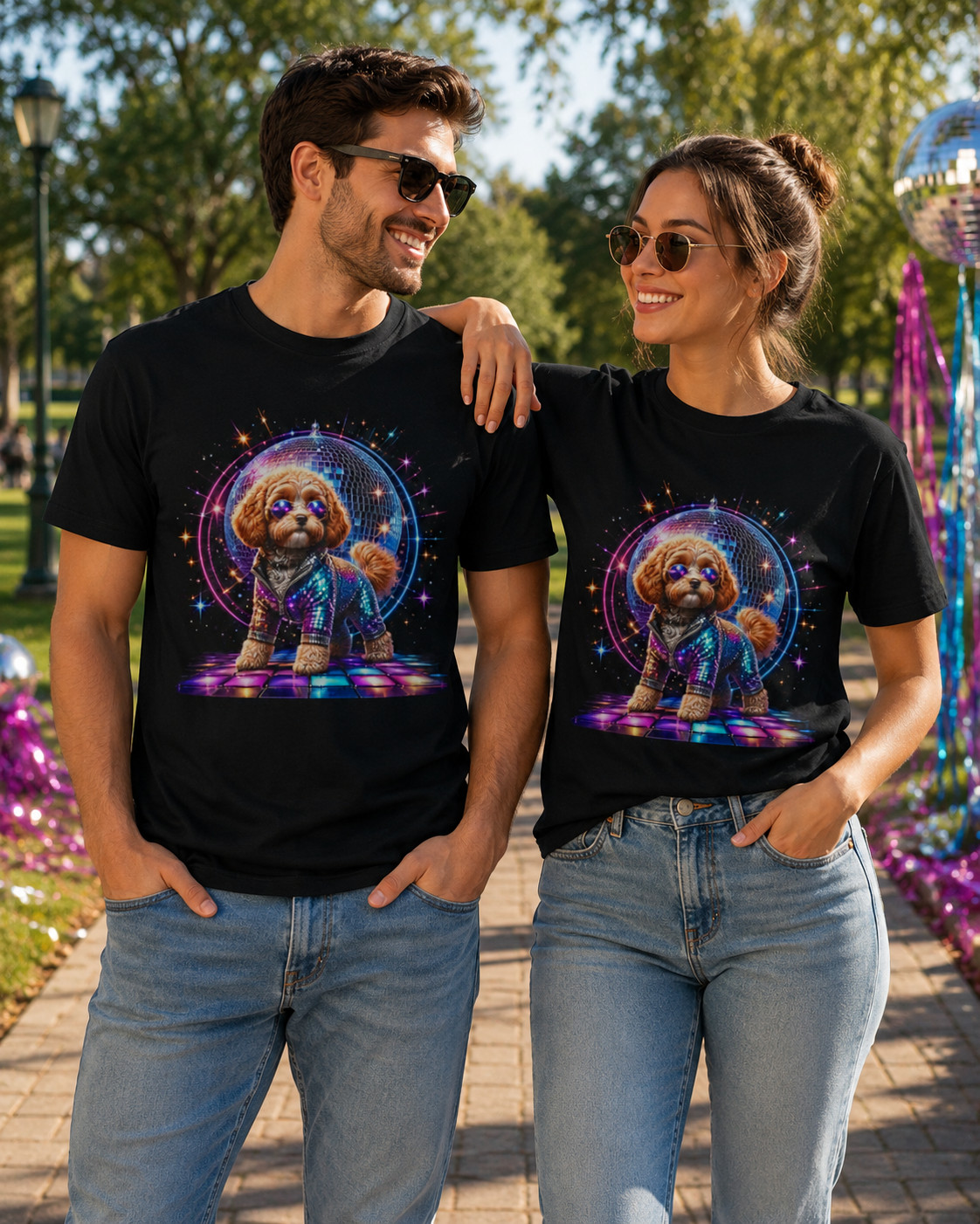 Women&rsquo;s Dancing Cavapoo Disco Ball V-Neck T-Shirt Funny 1970s