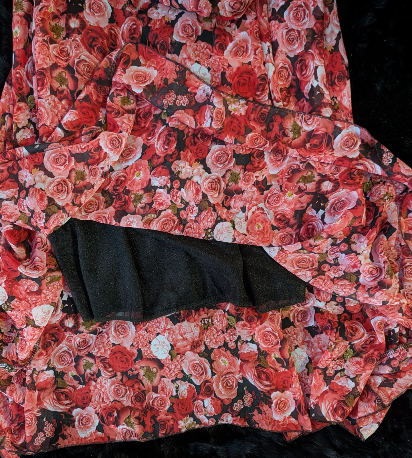 Romantic Red Rose Floral Chiffon Lined Midi Dress Empire Waist Scoop Neck