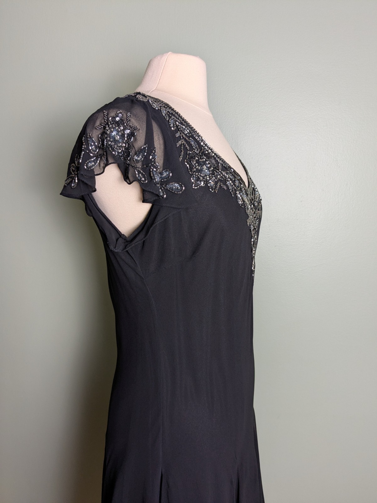 Old Hollywood Inspired Beaded Black Flowy Slip Dress