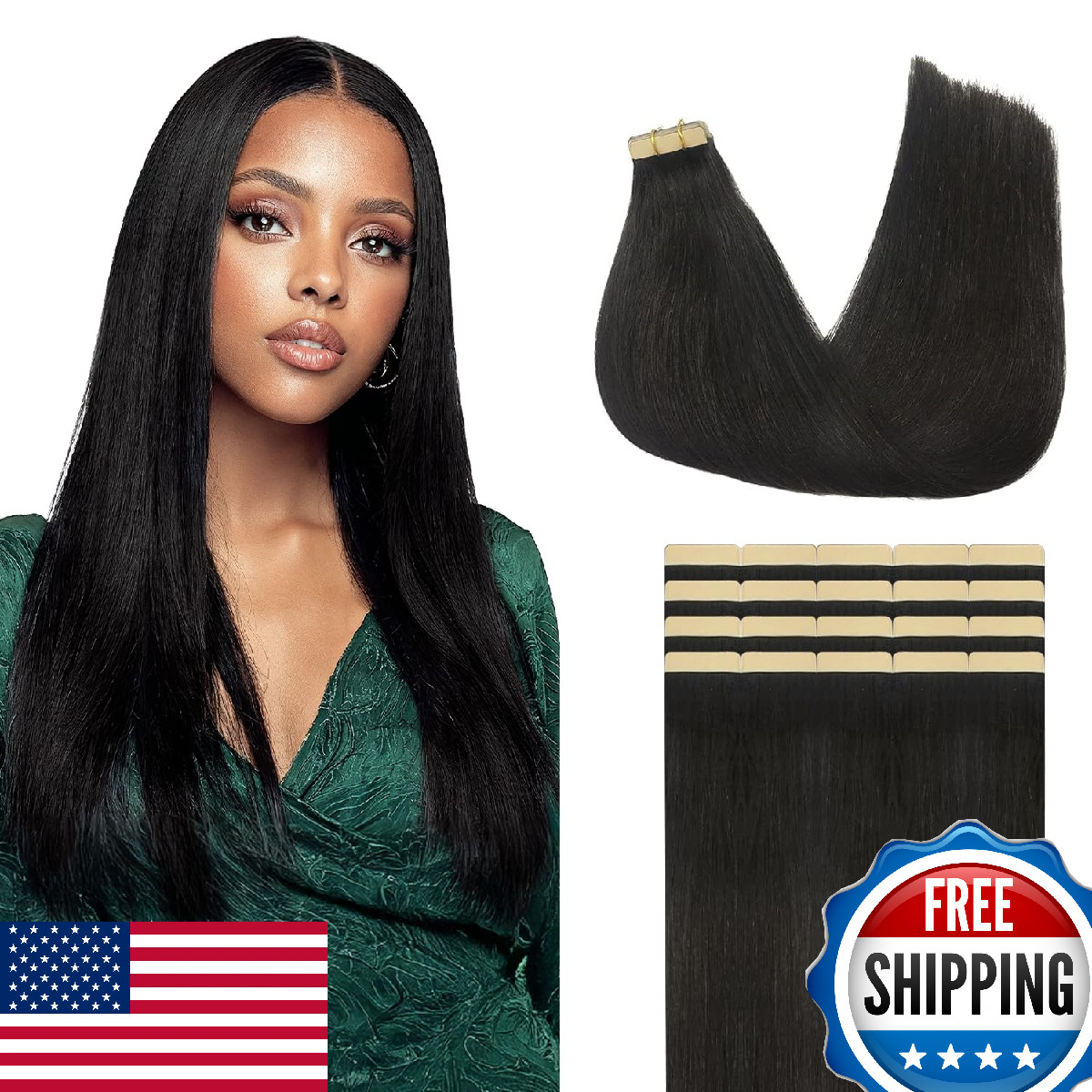 Lashey Human Hair Tape-in Extensions 18&Prime; 20pcs 50g Natural Black 100% Real