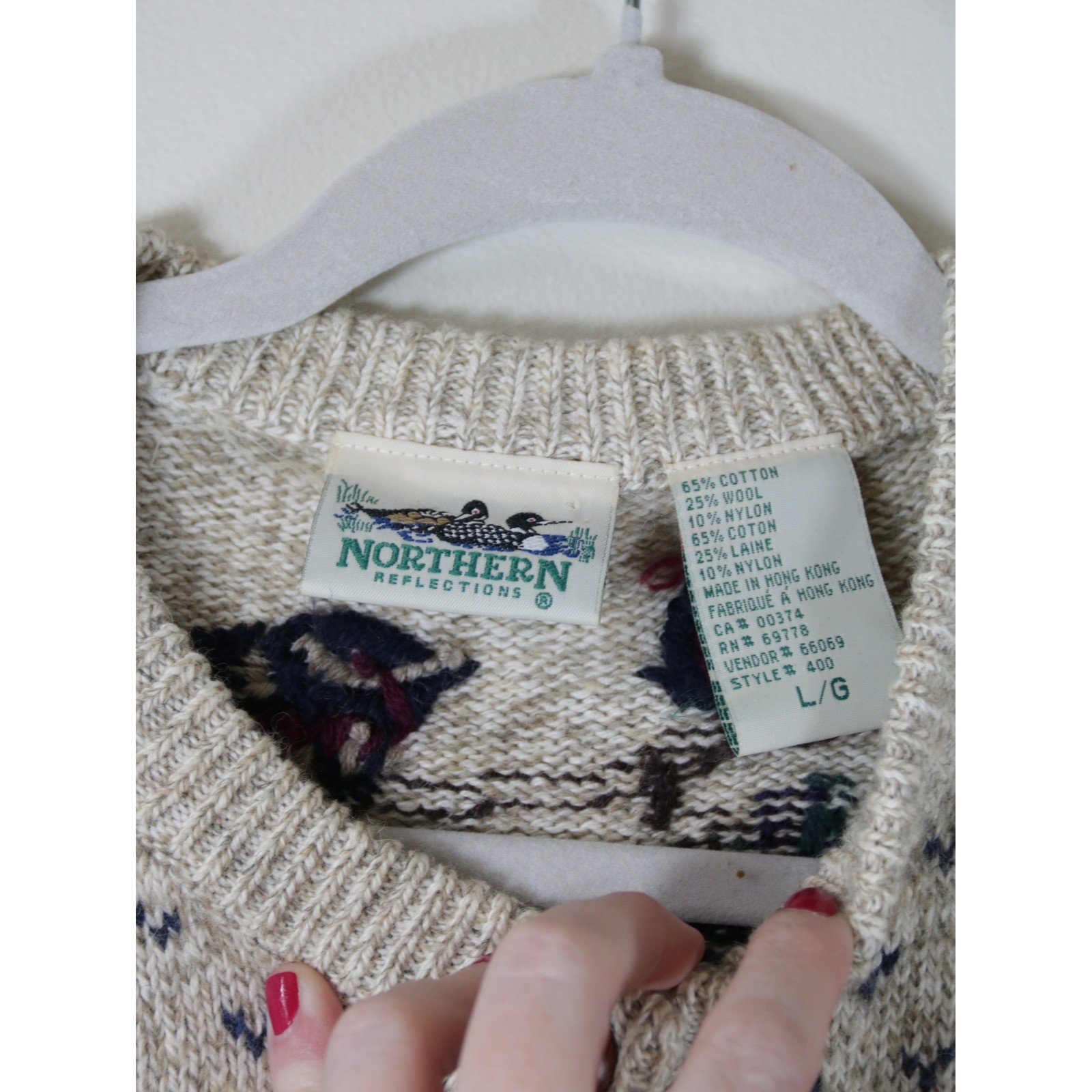 Northern Reflections Vintage Bird Cardigan Sweater Oatmeal Wool Blend Large 400