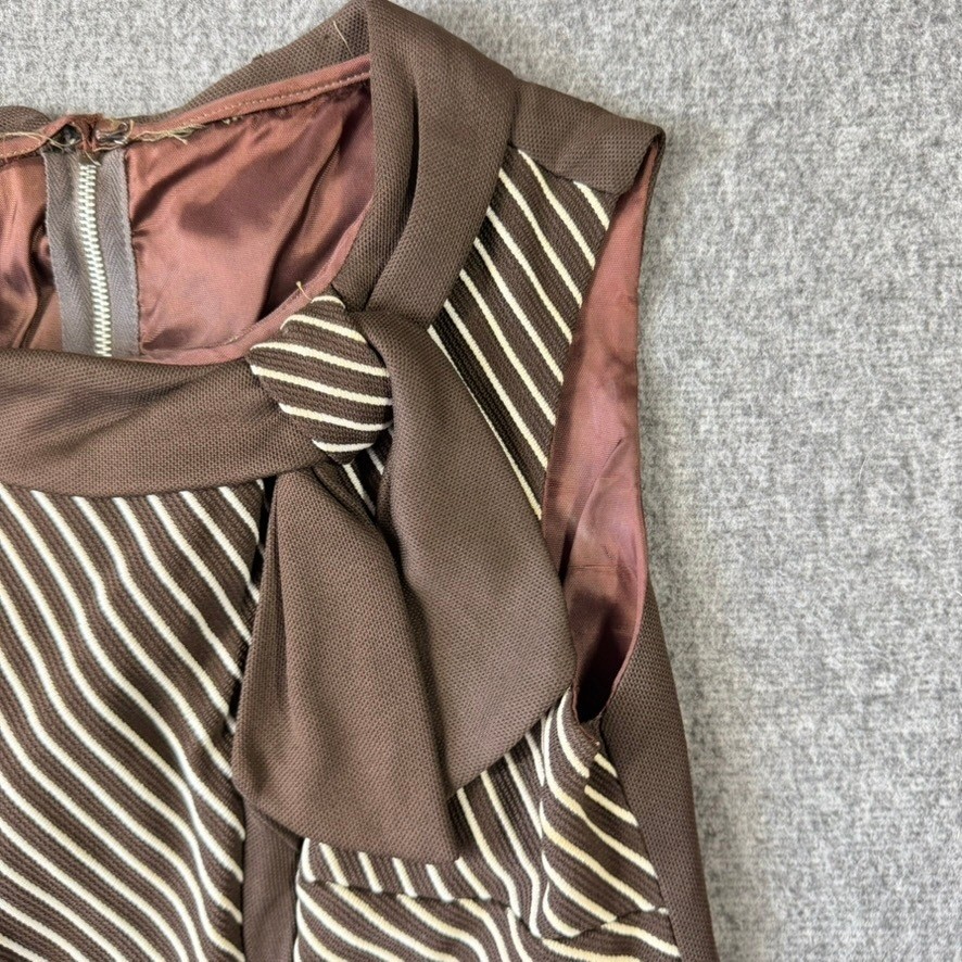 Vintage Brown Striped Sleeveless Shell Top Bow Collar Retro 60s Mod Style Size 8
