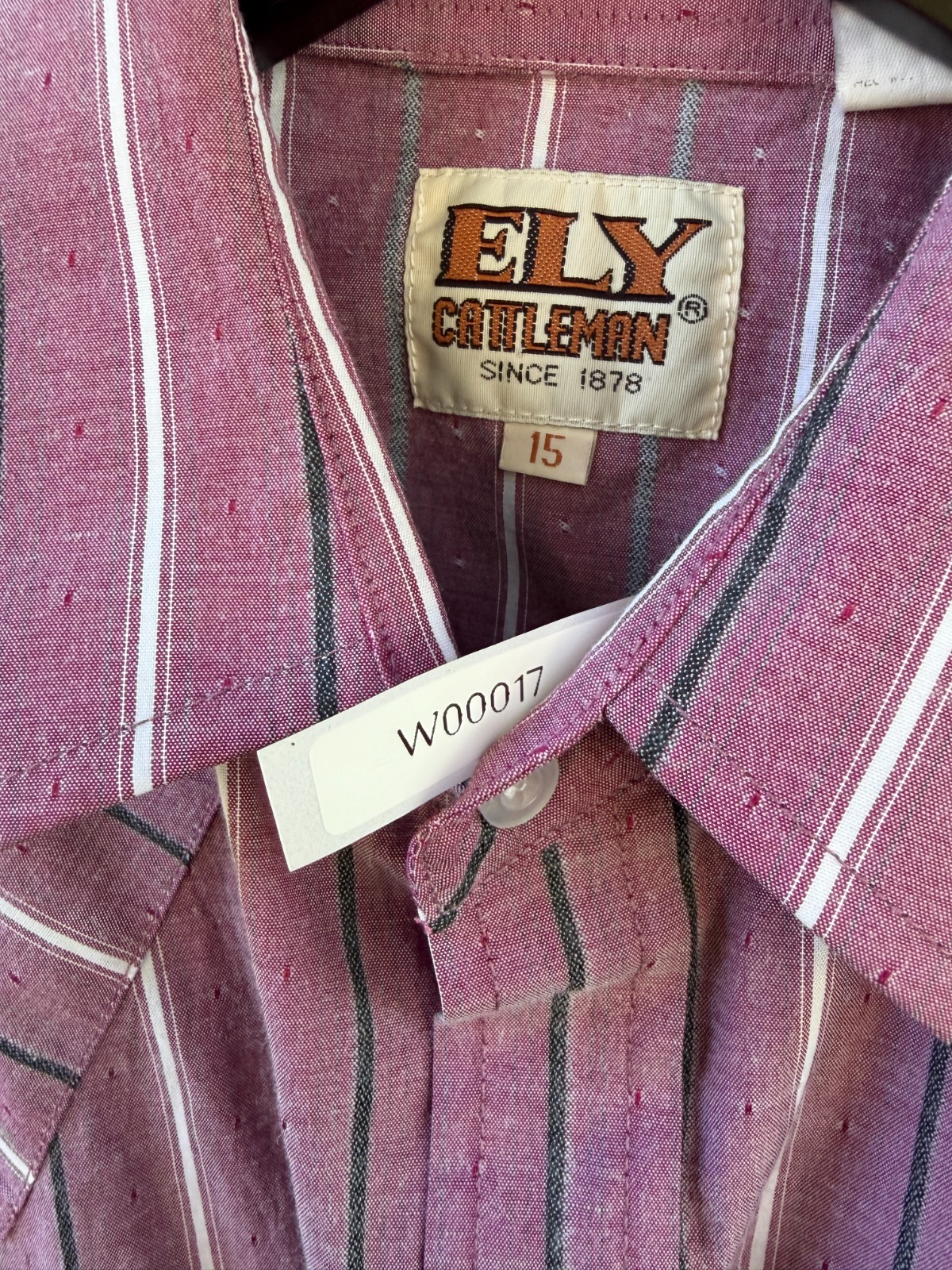 Vintage ELY Cattleman Sleeveless Western Shirt Pink Striped Snap Front Size 15