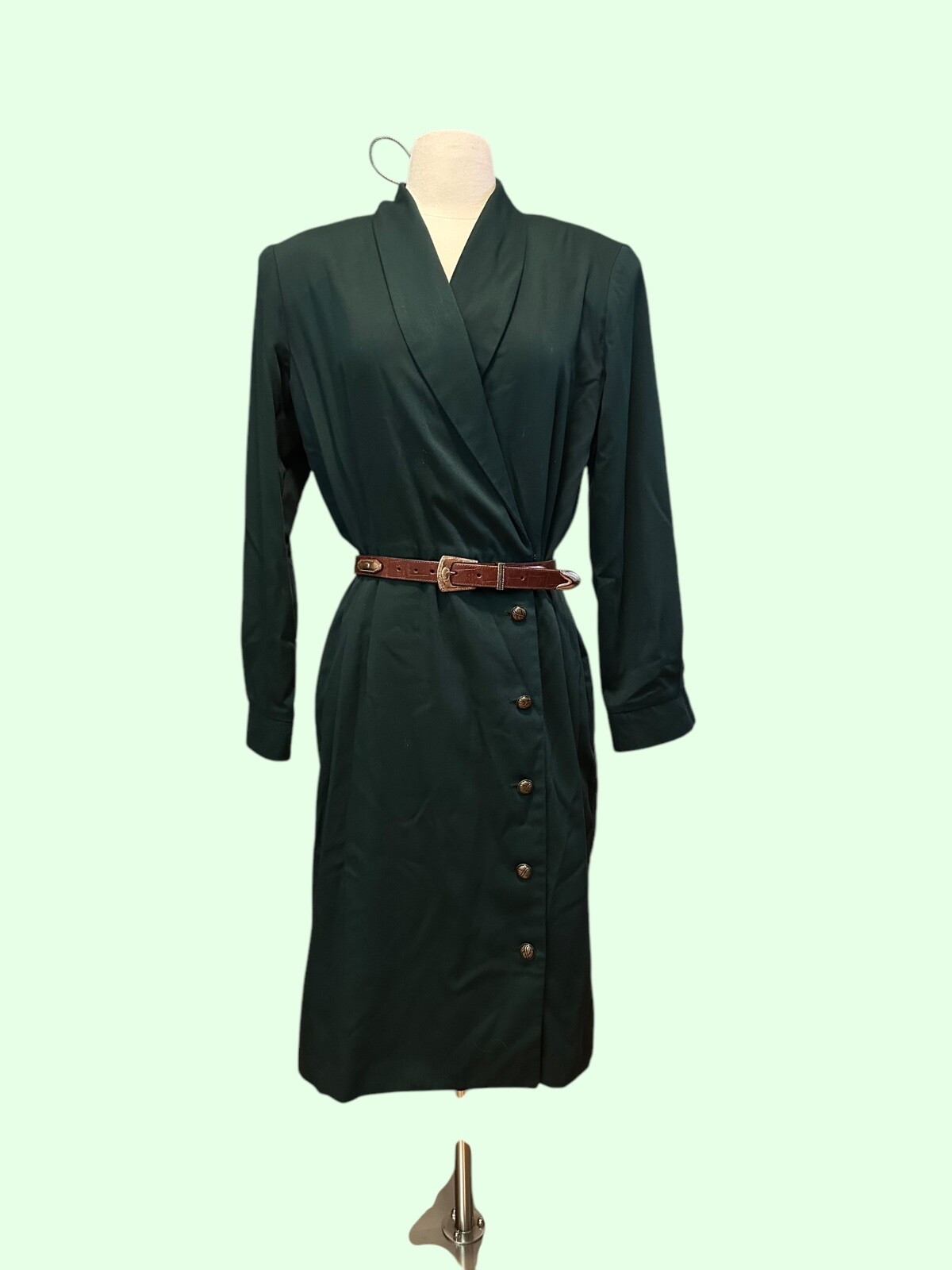 Vintage 80&rsquo;s Forest Green Retro button up career business dress size medium