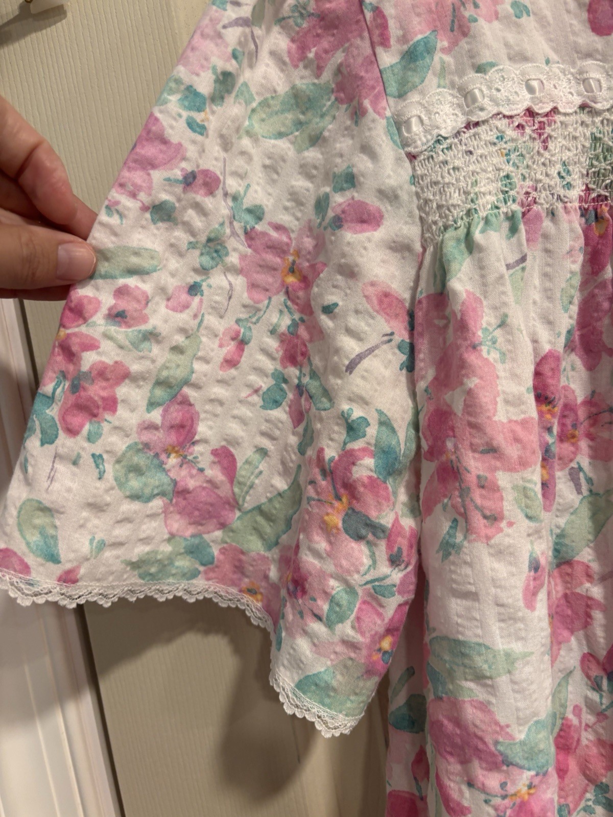 Vintage 90s Miss Elaine Size 1X Nightgown Robe Snaps Pockets Seersucker Lace