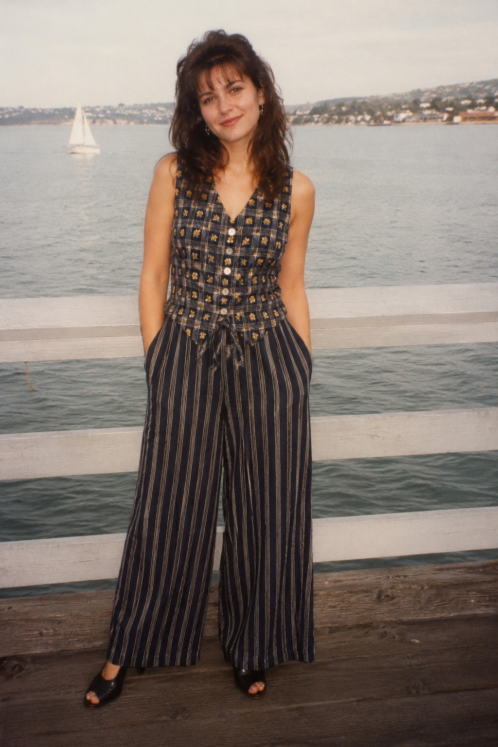 Vintage 90s Amy Too Byer California Floral Stripe Rayon Wide Leg Jumpsuit Sz 10