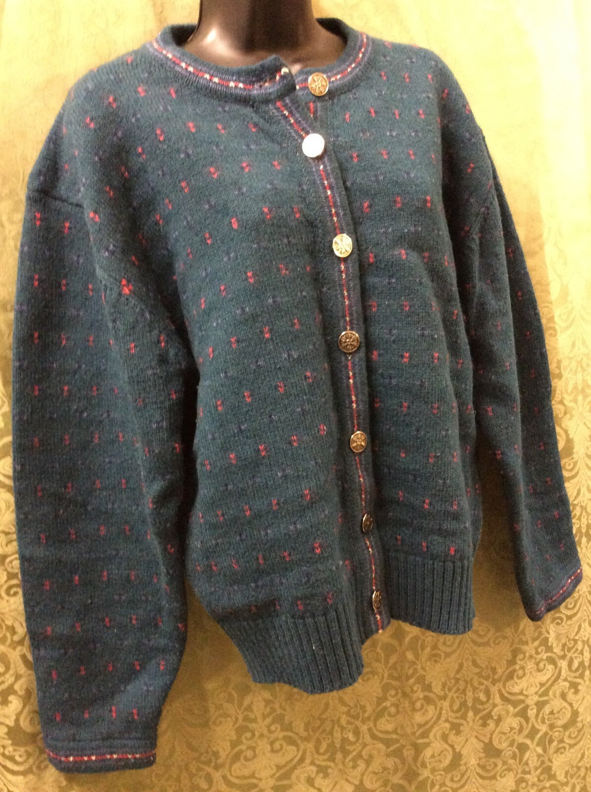 Eddie Bauer Wool Blend Cardigan Sweater M Dark Green Teal Red birdseye vintage