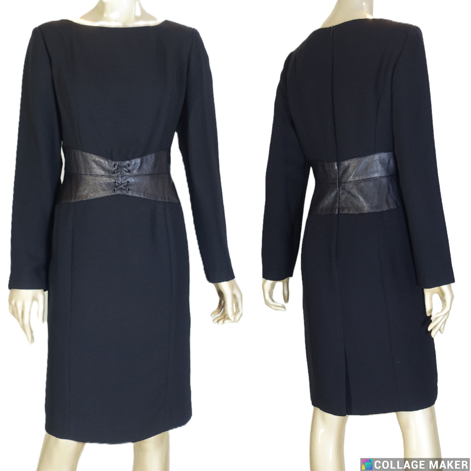 VTG SHANI~MINT!!~1990s BLACK SHEATH LONG SLEEVE DRESS LAMB SKIN WAIST SZ:8