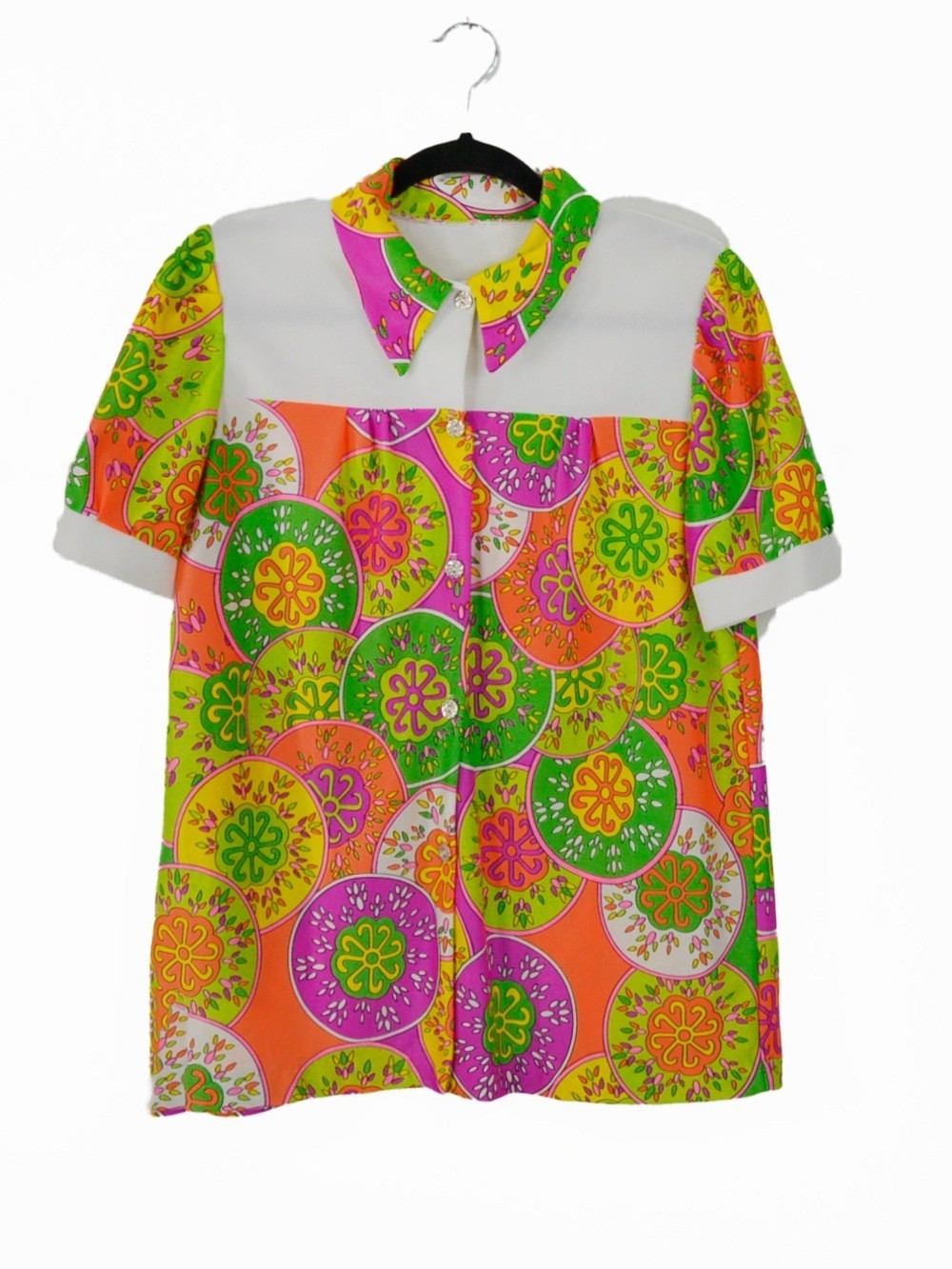 Vintage 60s 1960s Psychedelic Hippie Mod Funky Orange Pink Floral Blouse Top