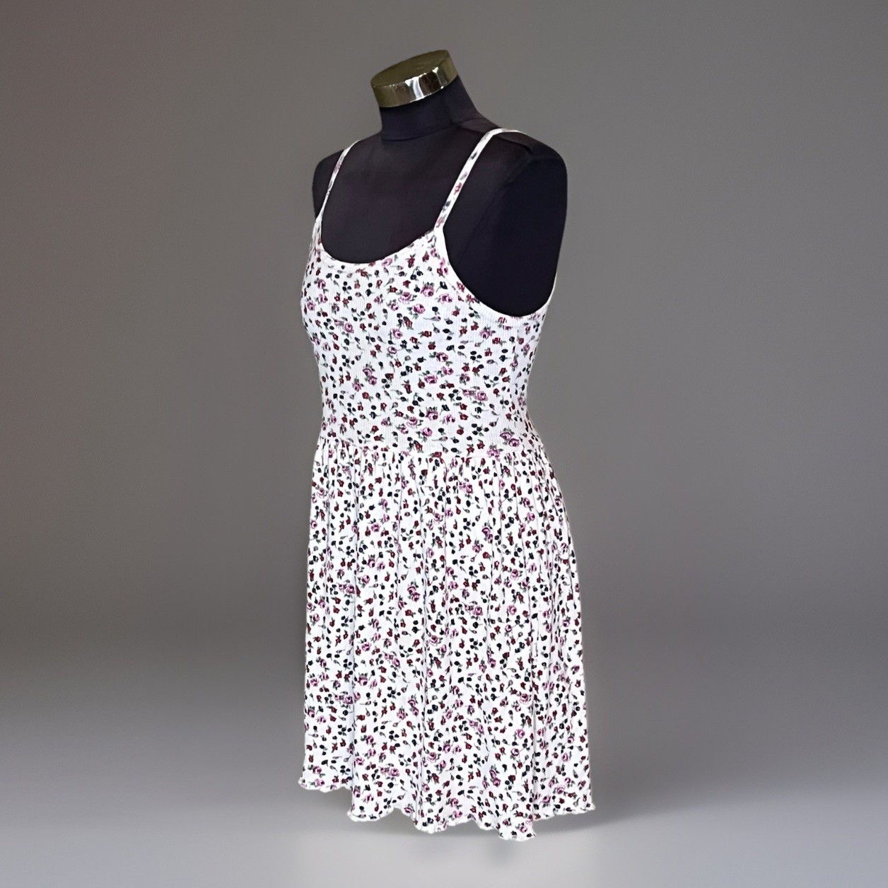 Vintage 90s Ditzy Floral Print Ribbed Sundress Mini Dress Cottagecore Grunge M