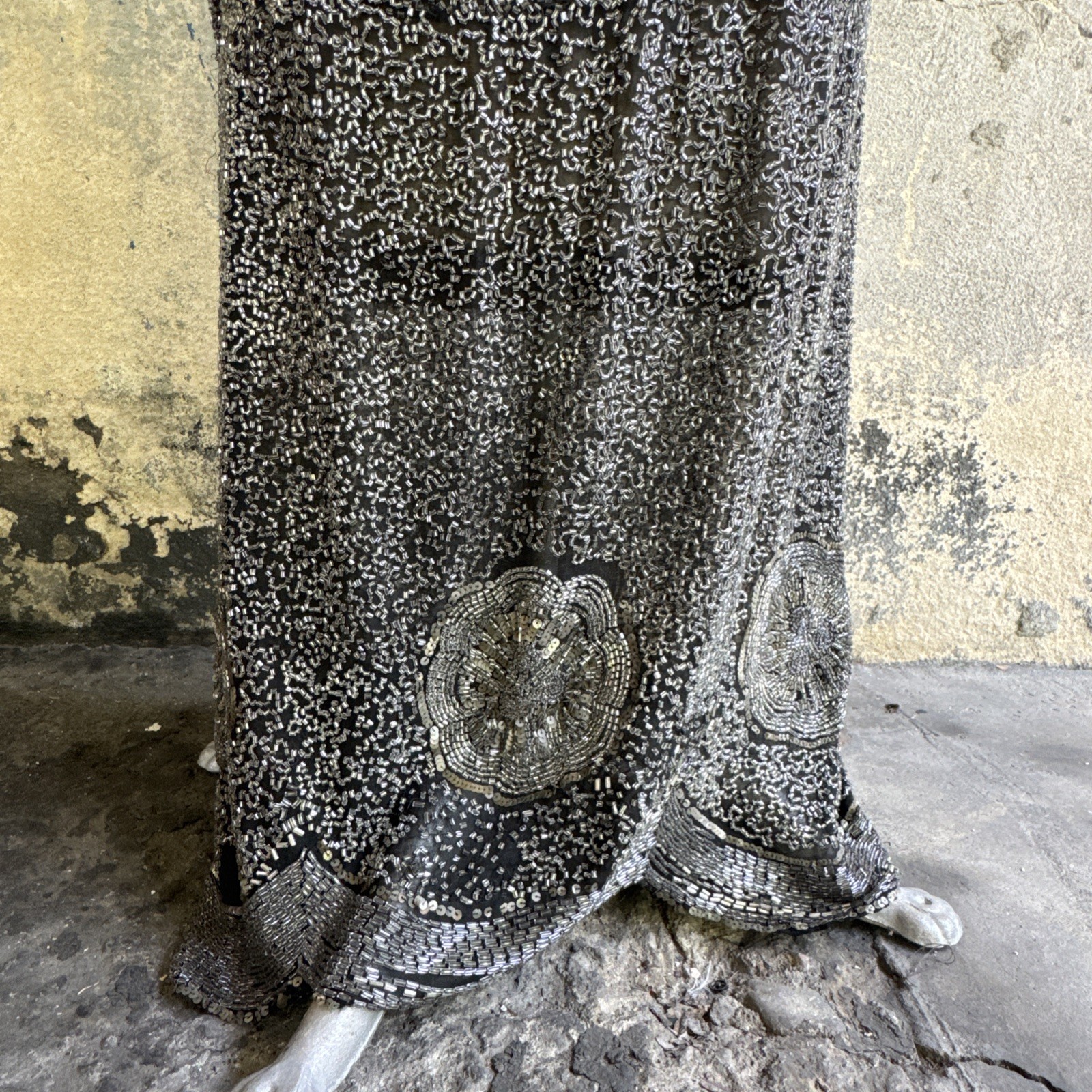 Antique 1920s Completely Silver Icy Beaded Gown Sequins Dress Scalloped Hem VTG