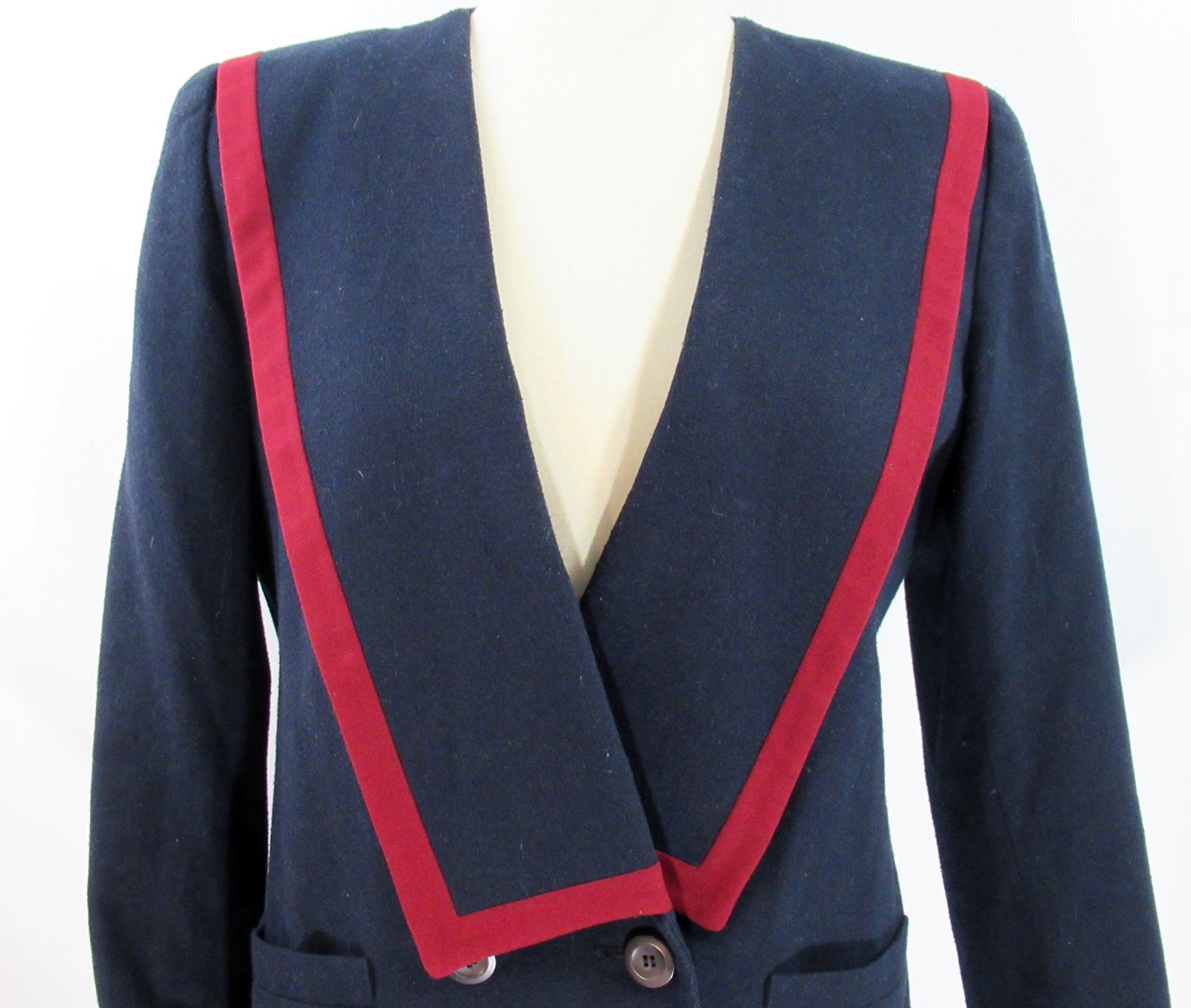 Vintage 1980s oversized Sasson jacket asymmetrical sailor collar lapels blue red