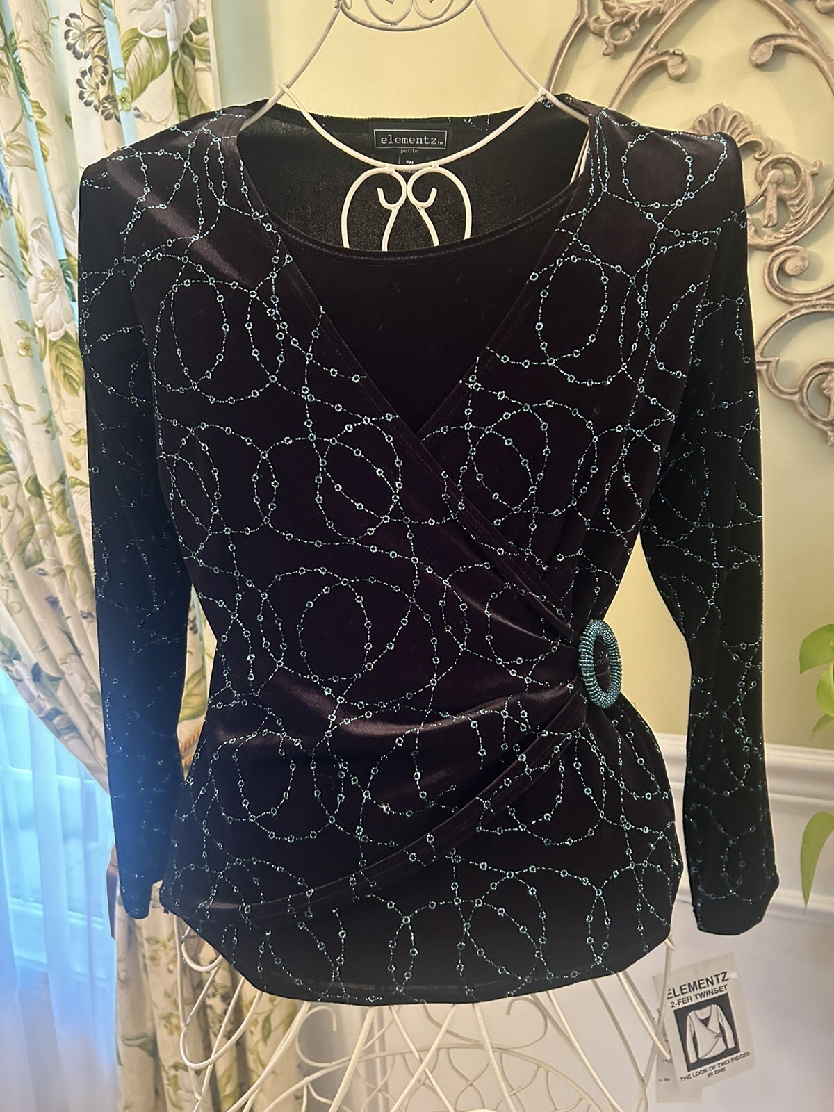 Y2K Women&rsquo;s Sparkly Black Velvet Top NWT Holiday Elementz Aqua Glitter Wrap Look