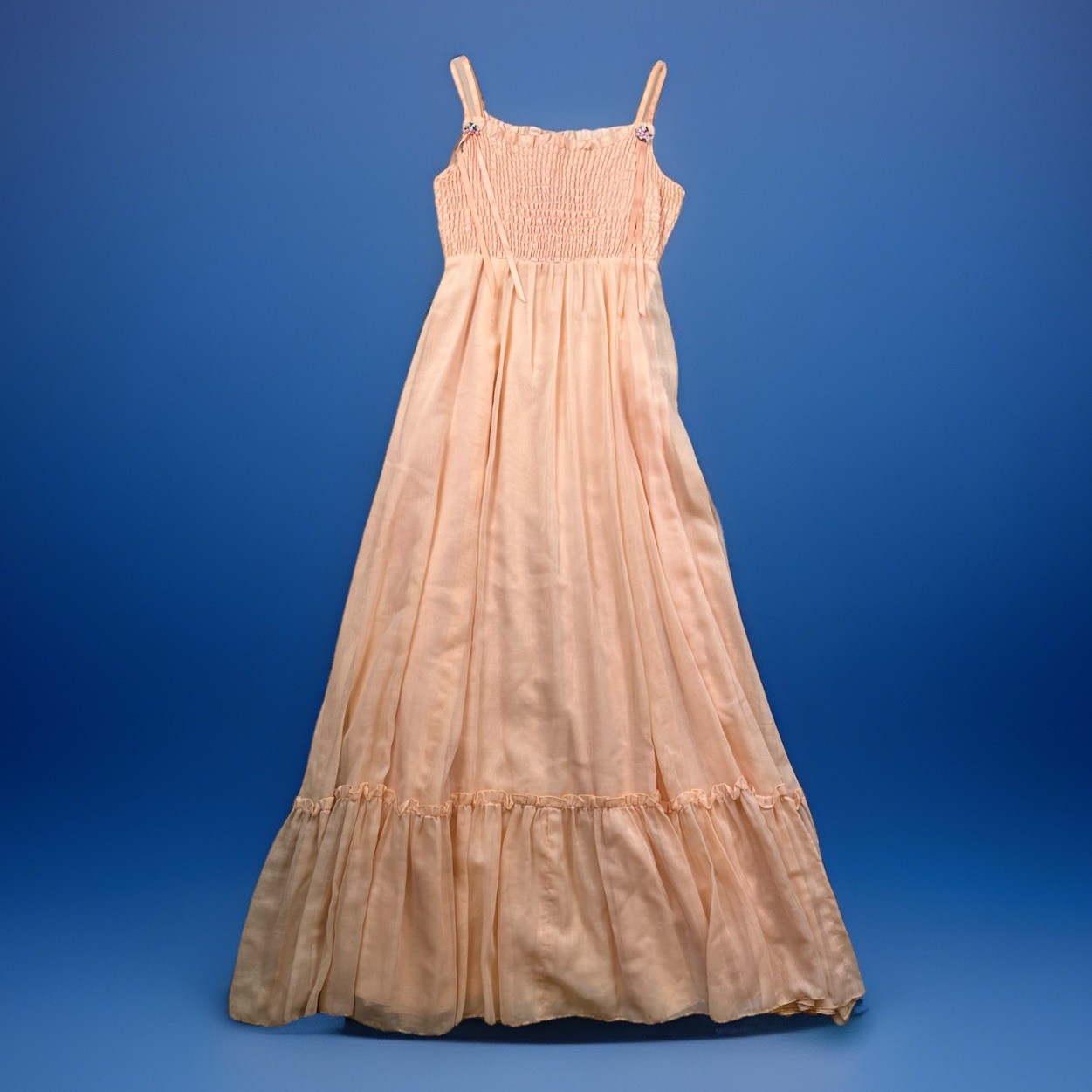 VTG Phase II Dress Sz XS/ S Pink Coral Smocked Floral Maxi Prairie Sundress 70&rsquo;s