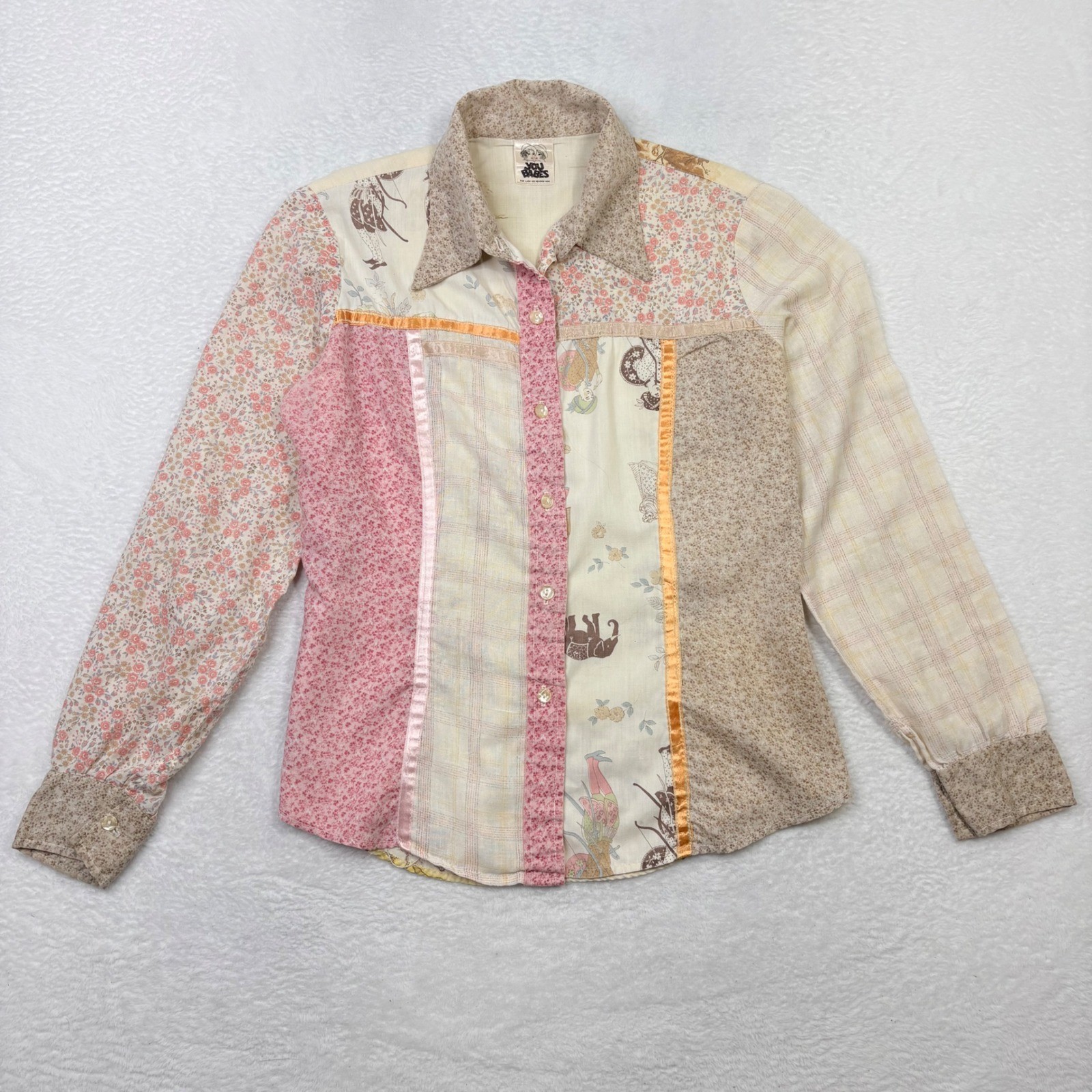 Vintage You Babes Patchwork Floral Plaid Scenic Button Up Blouse Pink Tan 70s