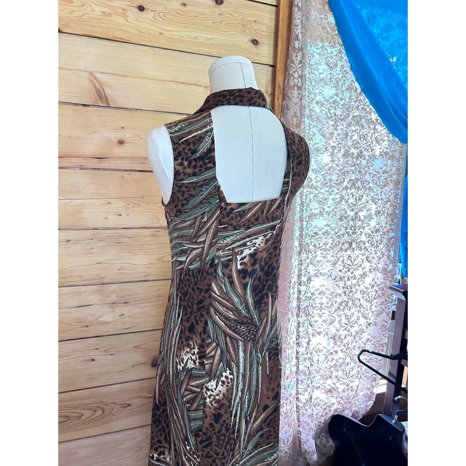 Vintage Maxi Dress Size 14 Brown Leopard Palm Leaf East West Fashions Retro 90&rsquo;s