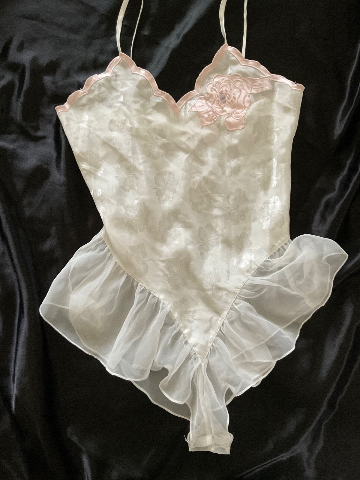 Vtg. Victoria’s Secret White Satin Bodysuit Teddy Chiffon Bridal Nightie Teddie