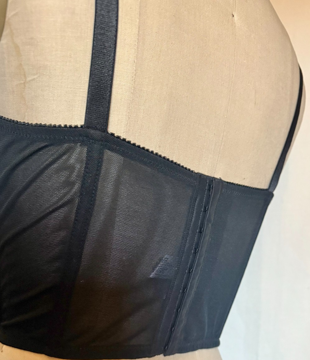 LACE FRONT CORSET BUSTIER « ENCHANTED » SHEER BLACK NYLON w EMBROIDERED CUPS 42DD