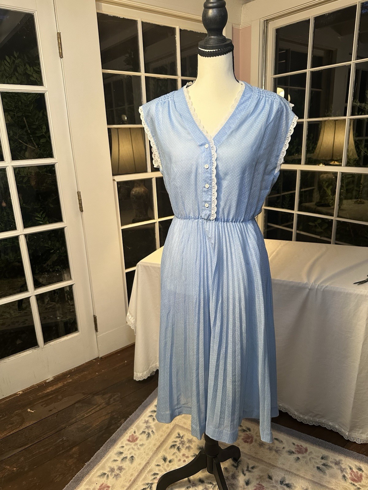 Vintage 70s Light Blue Polkadot Dress Prairie Style Vneck Lace Mid-Length Spring